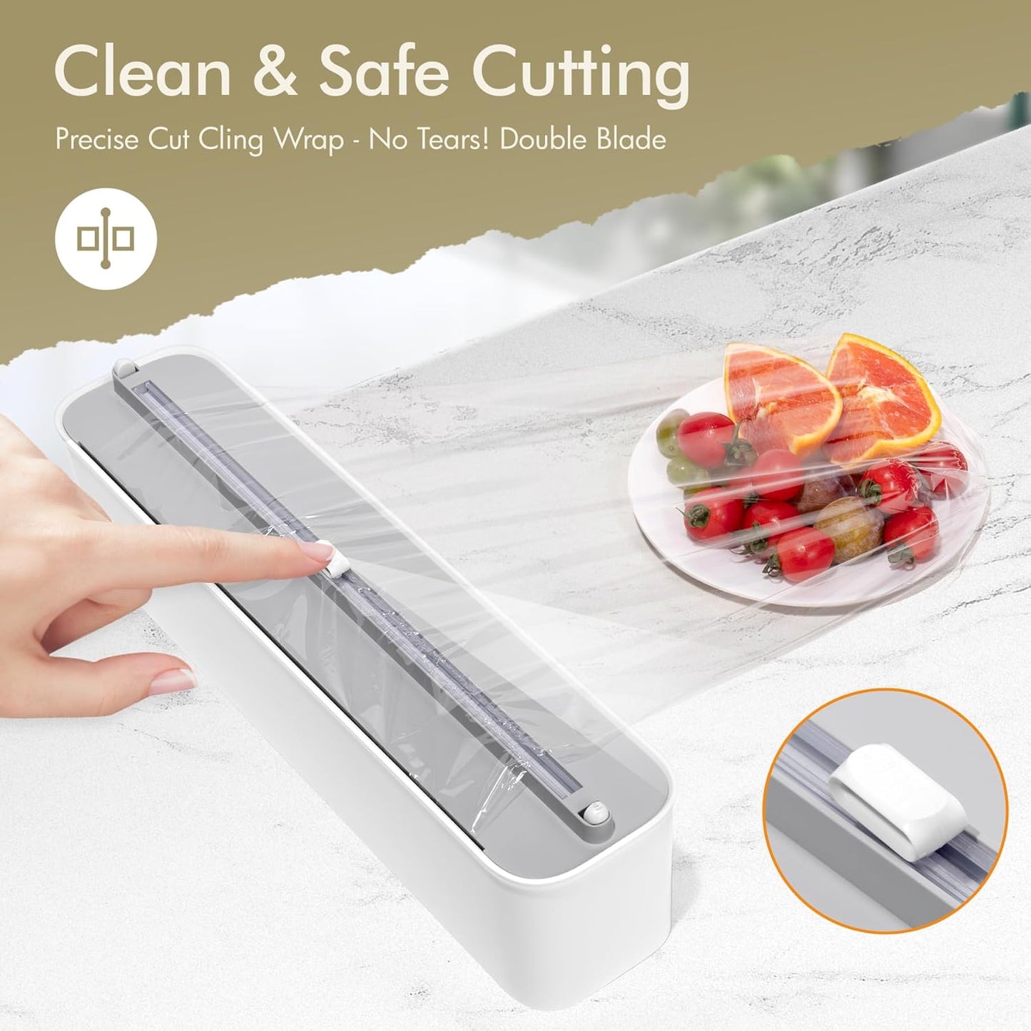 Aluminum Foil & Plastic Wrap Dispenser with Cutter - Magnetic & No-Drill Wall Mount, Cling Film Dispenser for Countertops & Cabinets, Space-Saving Kitchen Organizer - Fits 300 m Rolls, White
