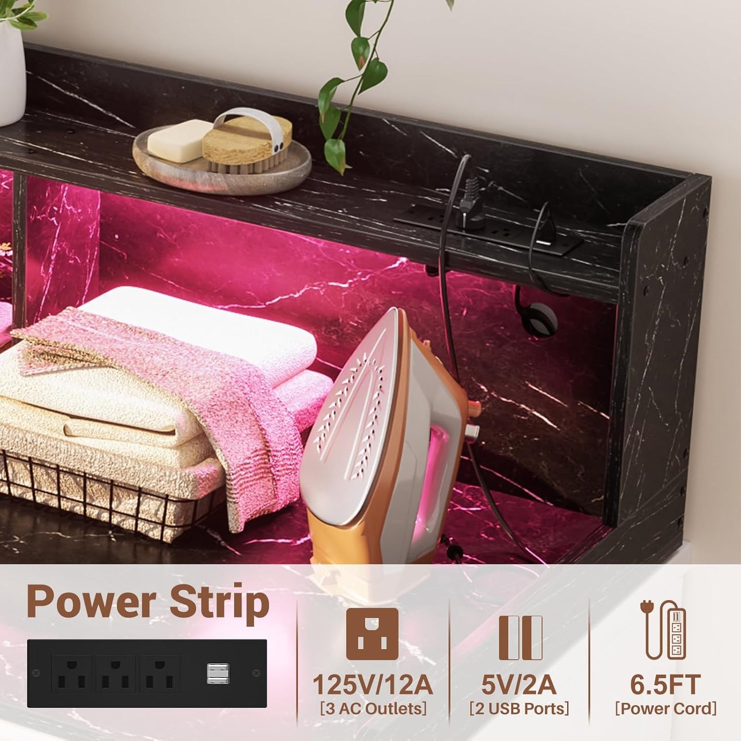Aheaplus Washer and Dryer Countertop, 2-Tier Laundry Countertop Cover with LED Lights and Power Strip, Large Space Laundry Topper with Shelf for Laundry Room Organization, Black Marble