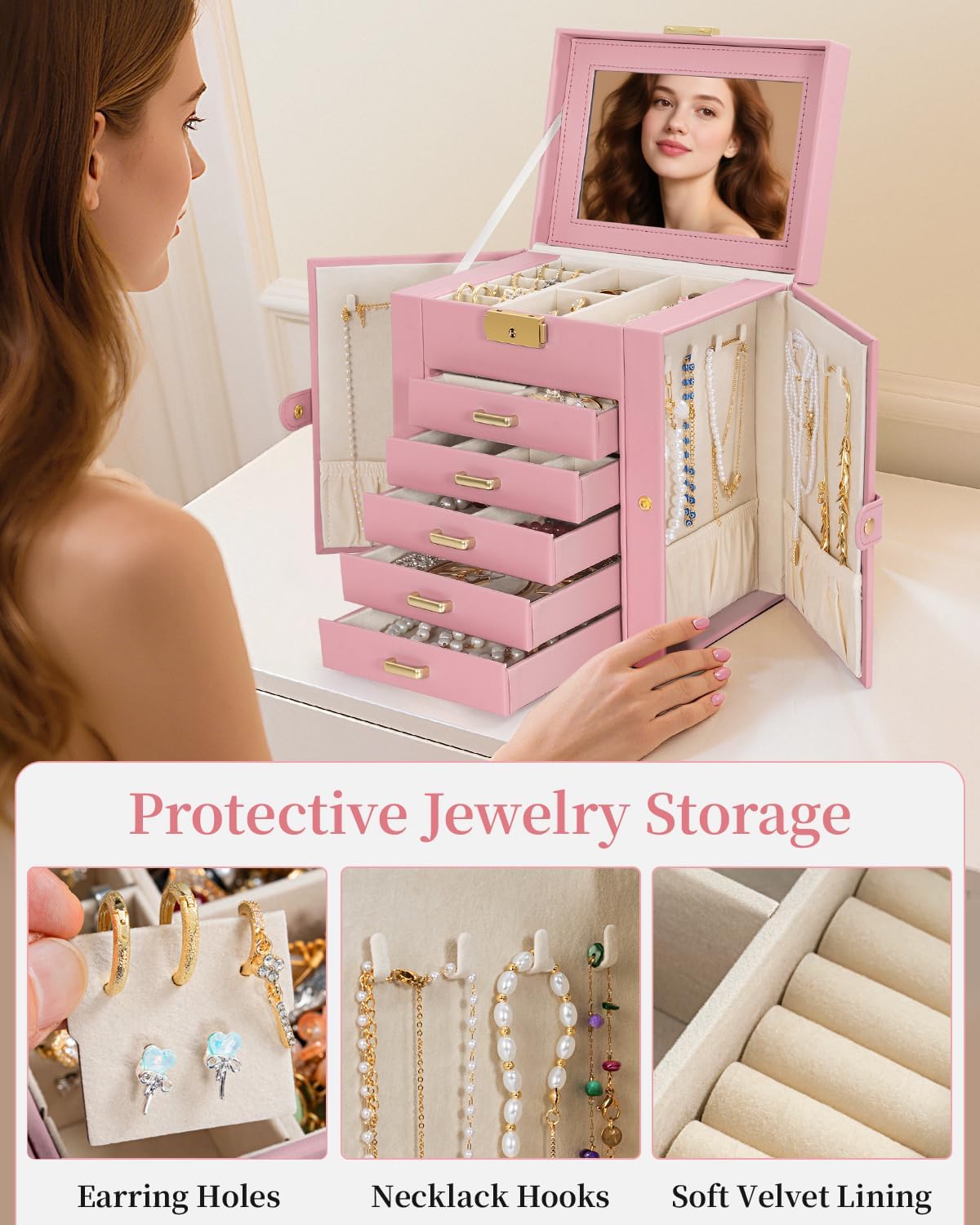 TORIBIO Large Jewelry Box for Women, Leather Jewelry Organizer with Mirror & Lock, 6-Tier Jewelry Storage Case for Girls/Women/Mothers, Necklace Earring Bracelets Holder Organizer