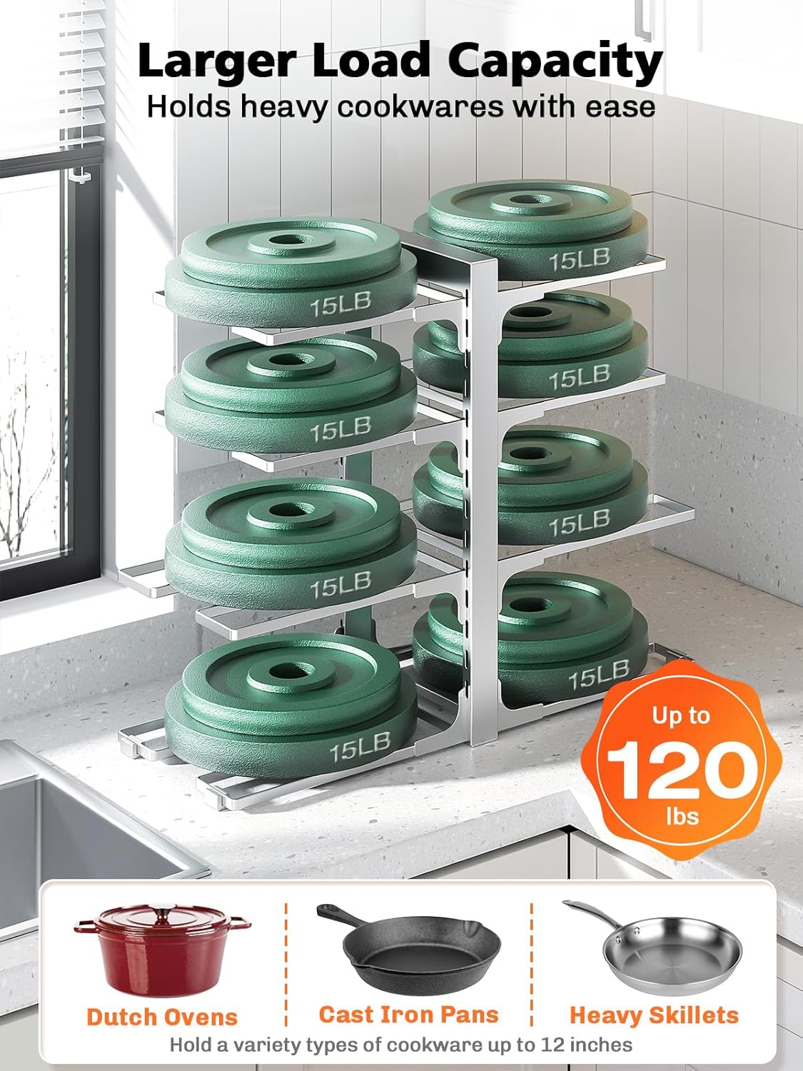 MUDEELA 8-Tier Pots and Pans Organizer under Cabinet, 15.83" Height Heavy Duty Pot Pan Organizer Kitchen Cabinet Organization and Storage, Adjustable Pot Rack for Frying Pan, Cast Iron Skillet, Sliver