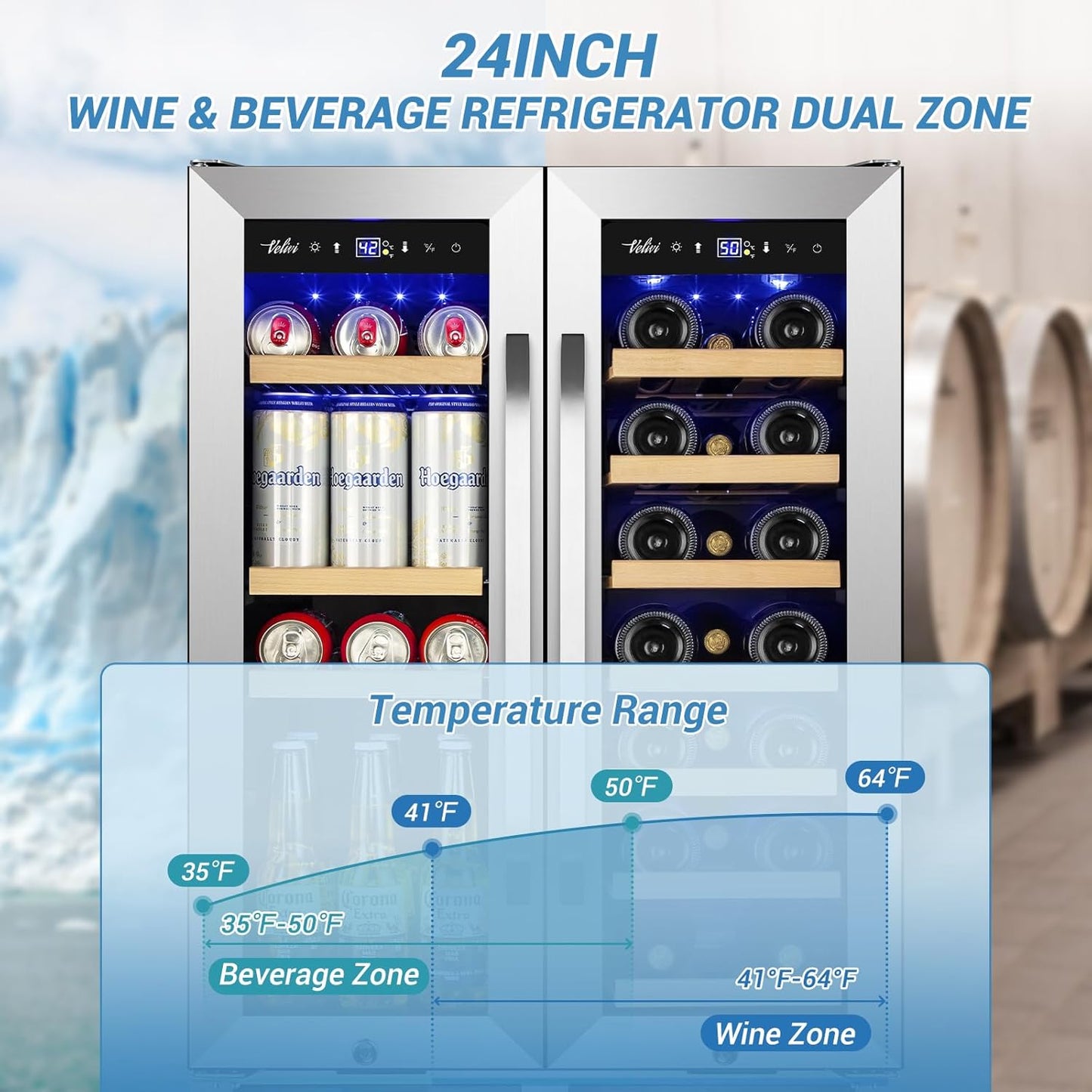 Wine and Beverage Refrigerator Under Counter, 24 Inch Beverage Fridge Dual Zone with Glass Door, Built In Beverage Cooler with Increase Capacity Space, Advanced Cooling System