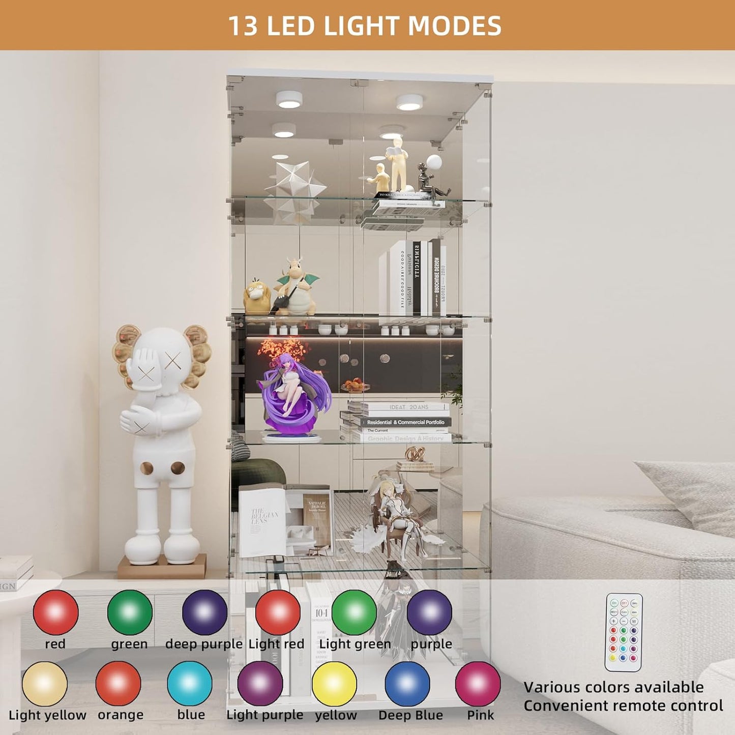 Beauty4U Glass Display Cabinet with LED Lights and Mirror, 5 Shelves with 2 Doors, Curio Cabinets for Living Room, Bedroom, Office, White Floor Standing Glass Bookshelf, Quick Installation