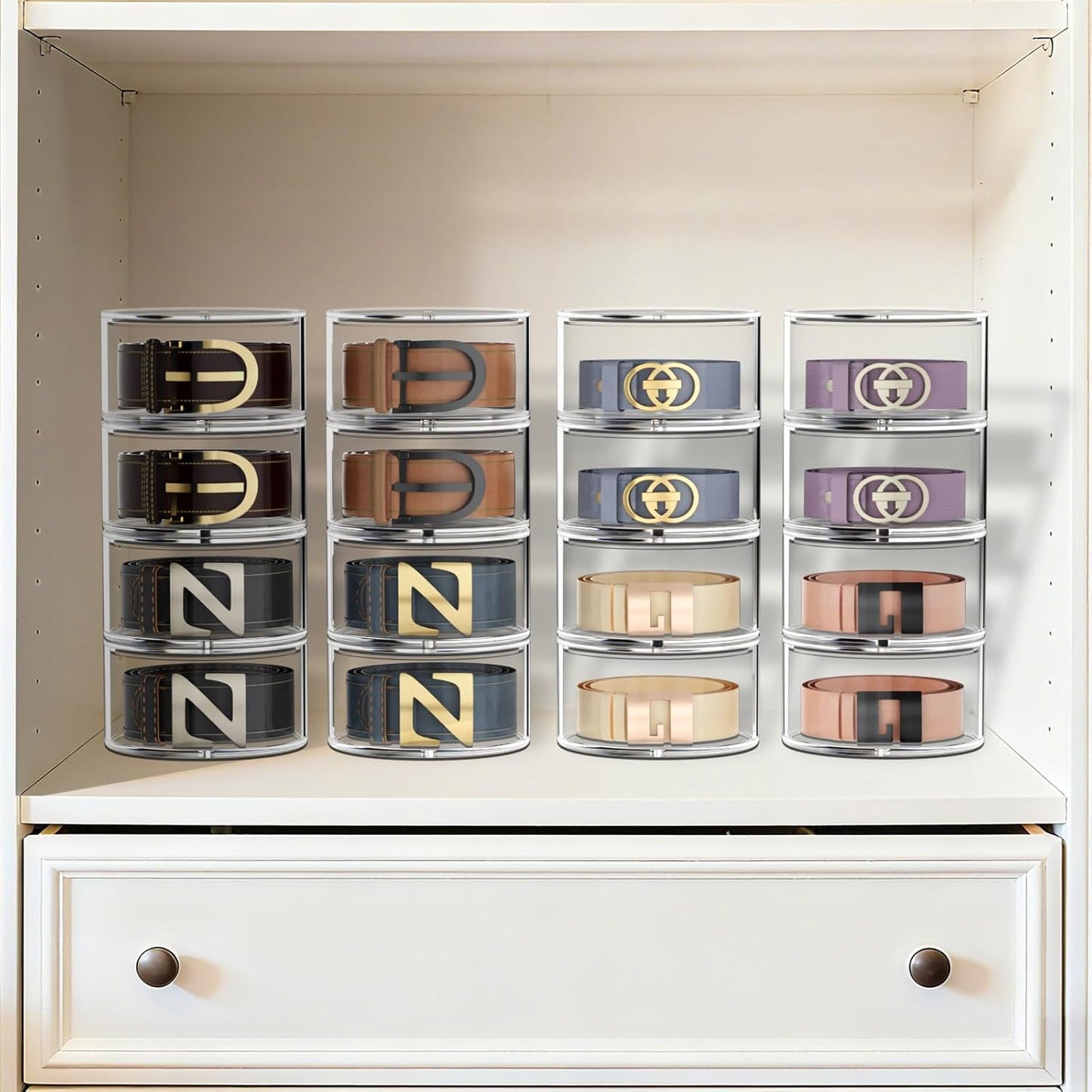 Belt Organizer for Closet Storage: Clear Acrylic 4-Layer Stackable Belt Box, Space-Saving Neat Case Holder