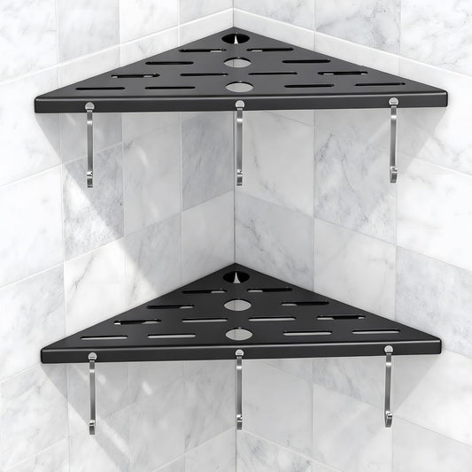 Shower Corner Shelf 304 Stainless Steel Shower Caddy 2 Tier Shower Organizer Niche Extra 6 Hangers Shelves 40 lbs Large Capacity Bathroom Storage for Inside Anti-Rust Drilling Installation (Black)