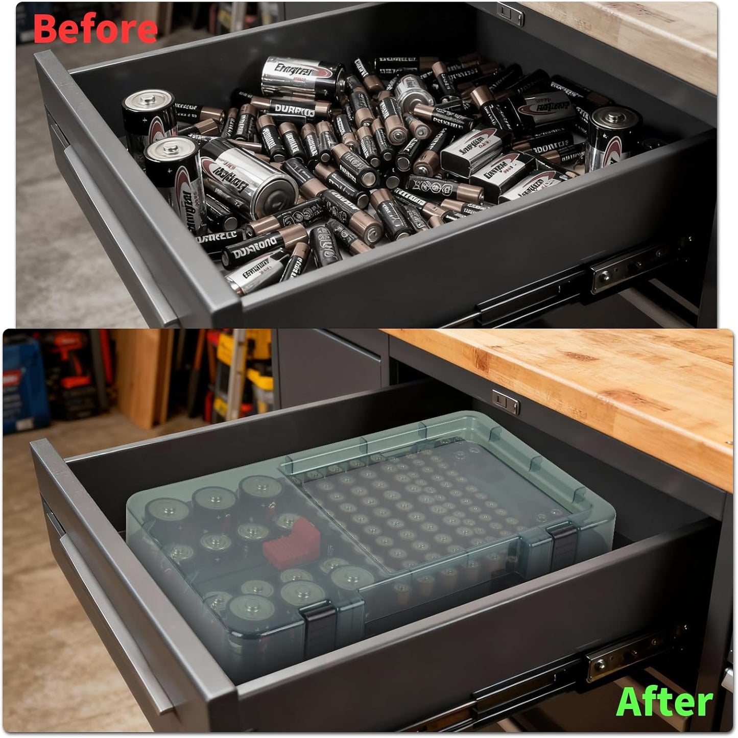 Battery Organizer with Tester, Battery Box Holder for 120+ AA AAA C D 9V 3V Lithium LR44 CR2 CR123 CR1632 18650 Batteries with Wall-Mounted Design (Black)