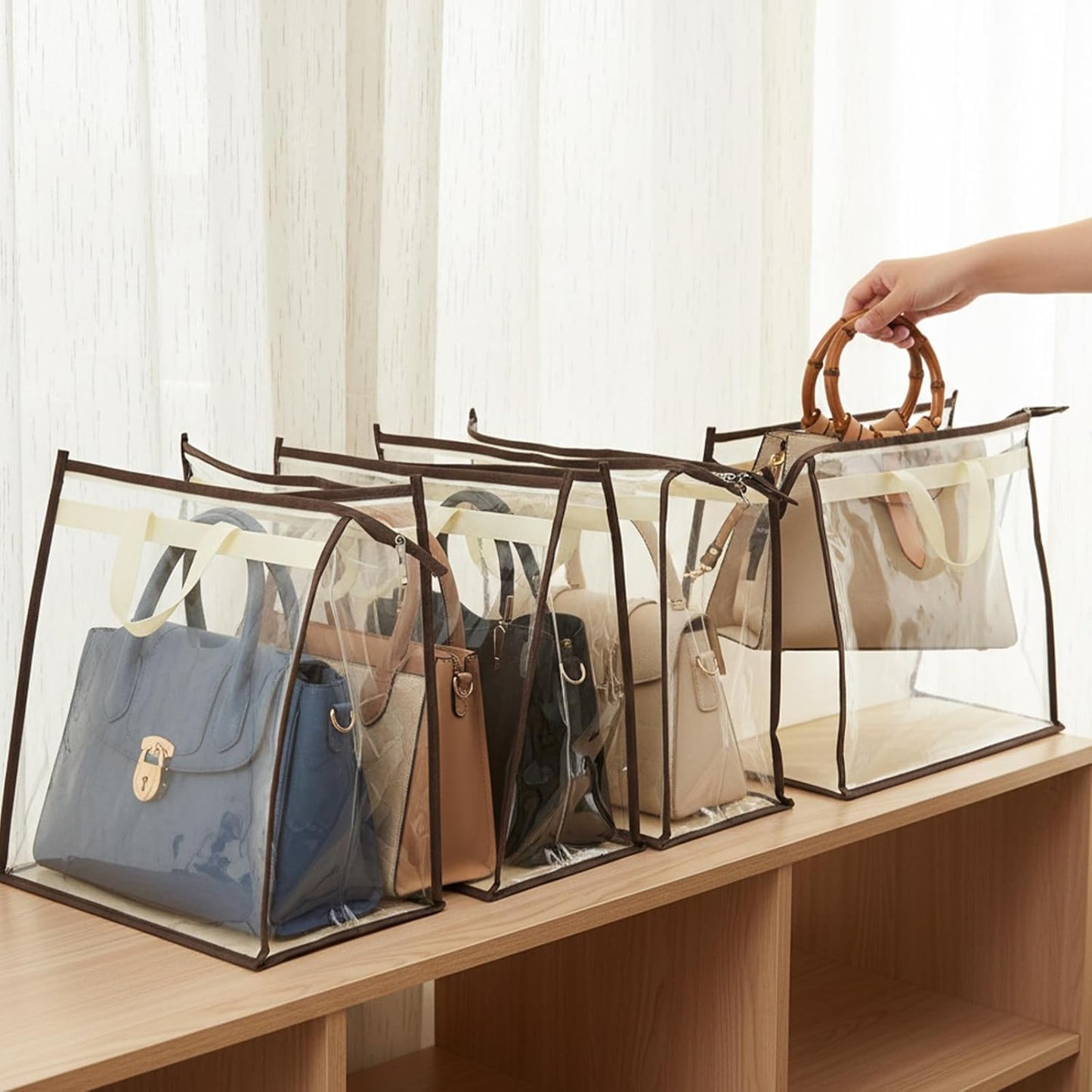 12 Pack Beige Handbag Purse Storage Organizer for Closet, 4 Sizes Clear Hanging Dust Bags Cover with Zipper and Handle, Closet Purse Protector Bags