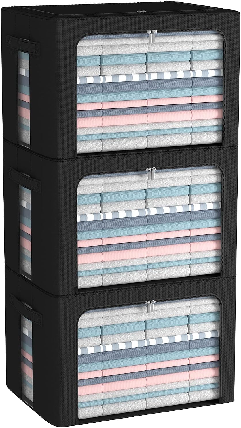 CYhom 3Pack Frame Storage Box - Clothes Storage Bin Bags Oxford Fabric Foldable Stackable Container Organizer Set with Clear Window & Carry Handles (Black, Large-66L)