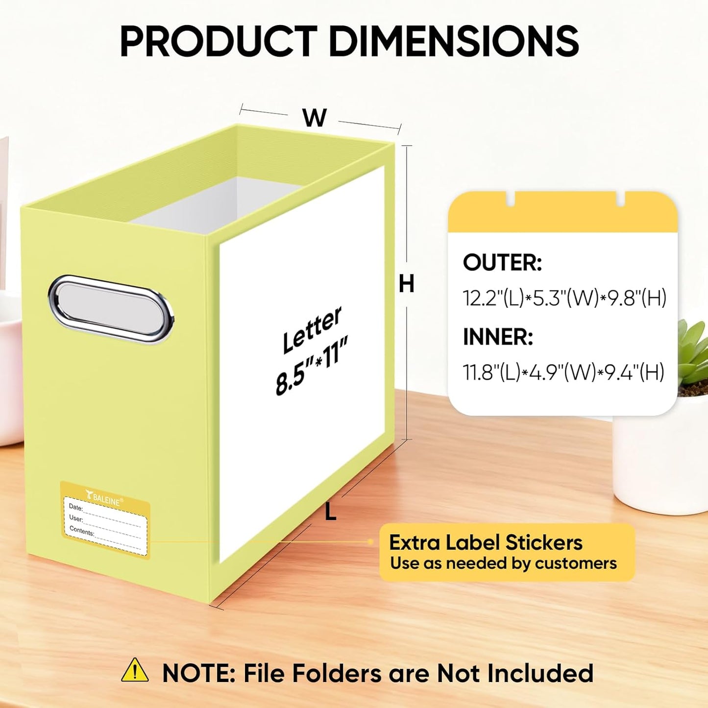 BALEINE File Organizer Box, Cardboard File Folder Organizer with Handle for Letter Size, Portable Collapsible Hanging Filing Box for Home Office Document Storage (2 Pack, Yellow)