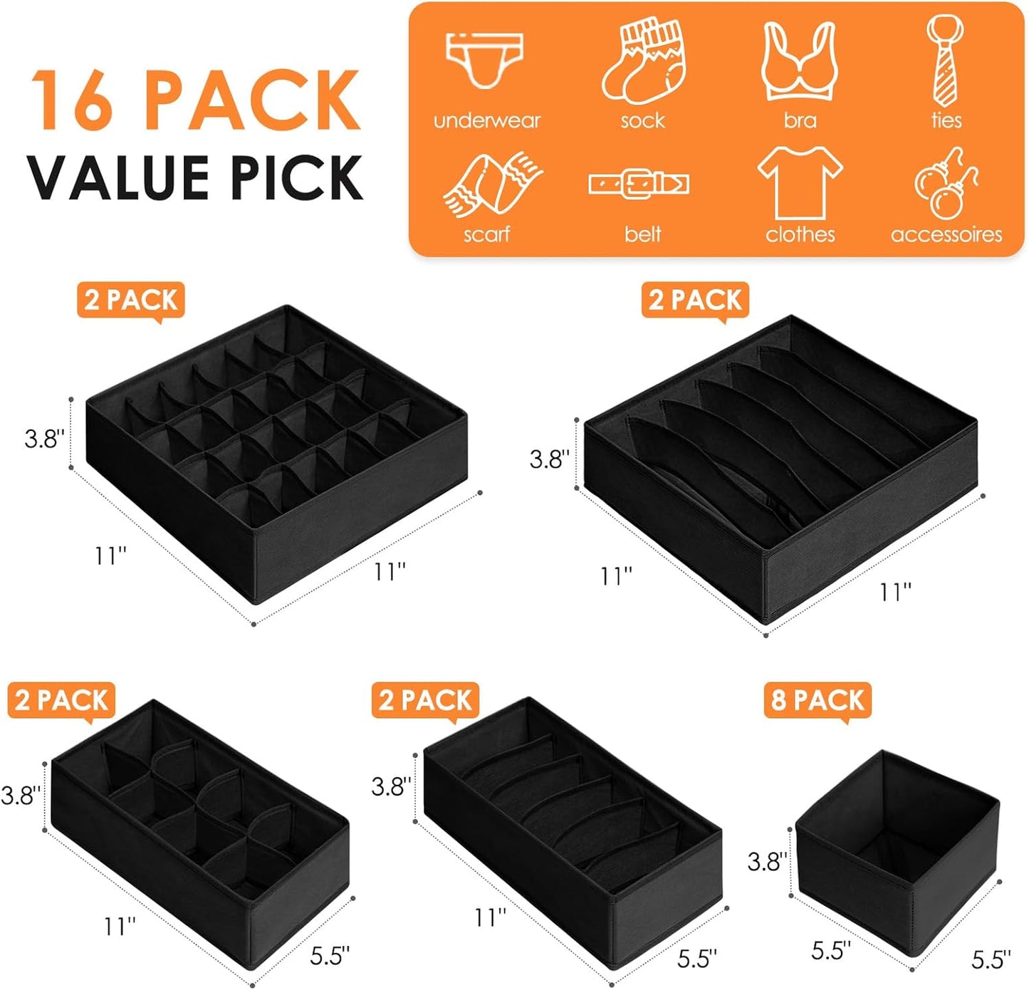 Criusia Drawer Organizer Clothes, 16 Pack Dresser Organizer Bins for Baby Clothes, Underwear Sock, Fabric Closet Organization and Storage Dividers for Nursery Bedroom (96 Compartments, Black)