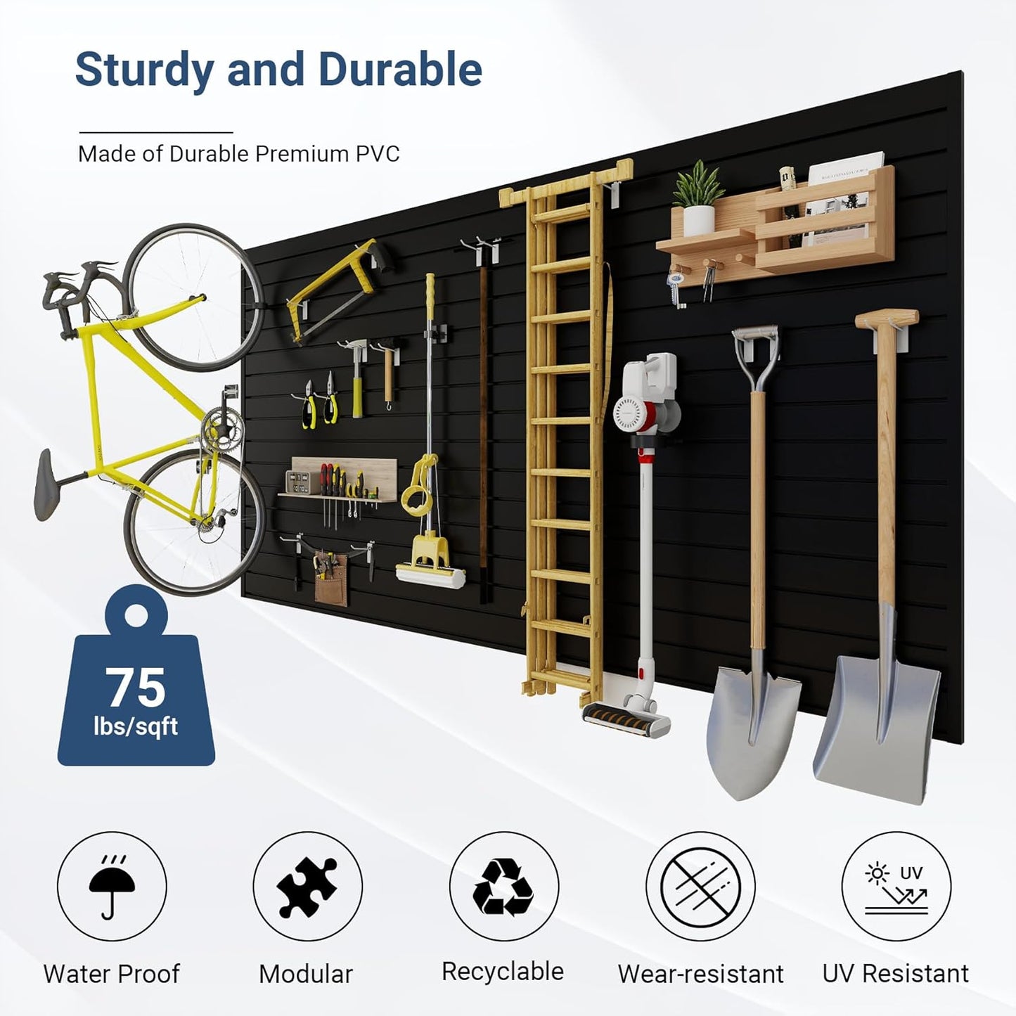 Slatwall Panel 8 FT x 4 FT, Interlocking Slat Wall Paneling, Wall Mounted PVC Wallpanel, Suitable for Garage Storage and Organizer, Slatwall Board, Shelves - Black