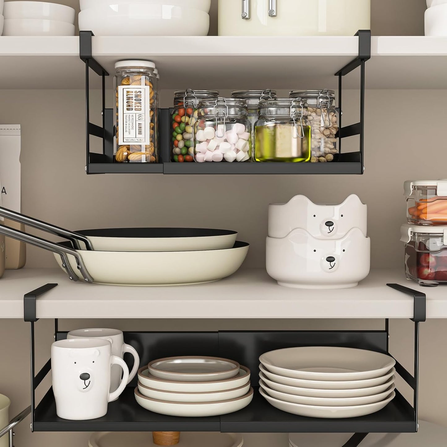 Expandable Under Cabinet Shelf Organizer with 0.94-Inch Thick Clips, Heavy Duty Extendable Under Shelf Storage Basket for Pantry or Laundry Room, Black, 2 Pack, Interior: 5.7" H x 8.54" D