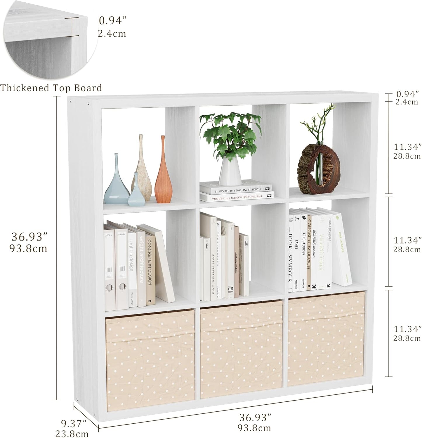 Cube Storage Organizer Bookcase, Decorative 11 inch Open Back Cubical Shelf with Thickened Border, Display Bookshelf for Living Room, Home Office, Sturdy Room (White, 9 Cube)