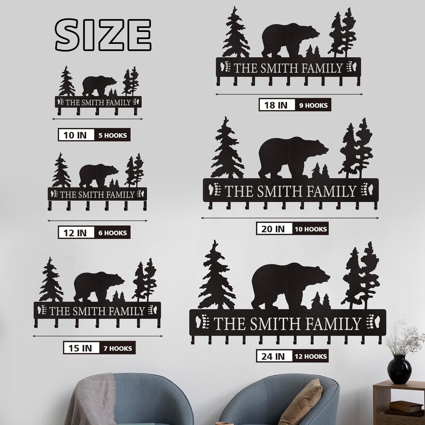 Personalized Key Holder for Wall, Custom Metal Black Bear Coat Hook Key Holder with Name, Metal Key Rack Hanger Organizer for Entryway, Front Door, Hallway, Kitchen, Office Decor