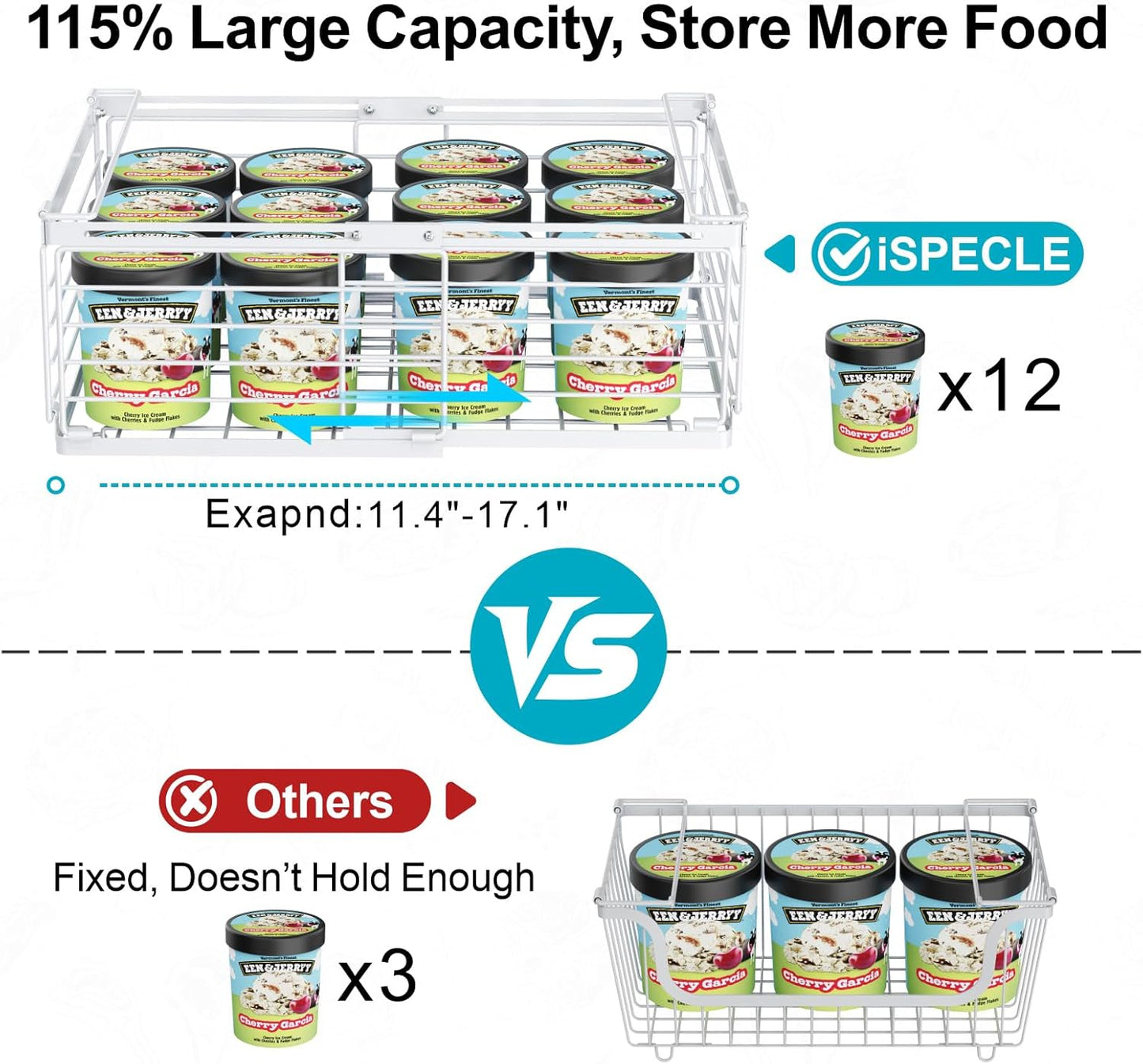 iSPECLE Freezer Organizer Bins - Fit 10 to 20 Cu.FT Deep Freezer, 4 Pack Expandable Stackable Large Chest Freezer Organizer Bins Sort Food, Easily Get Food from Bottom Better Ventilation, White