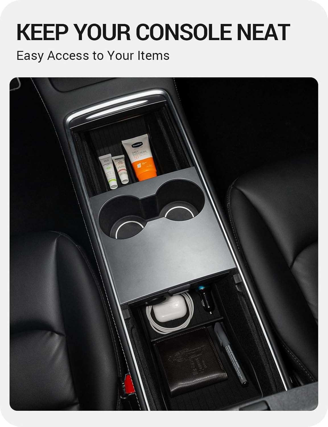 BASENOR 2026 Upgrade Tesla Model Y Model 3 Lower Center Console Organizer Tray (Proprietary Design) Bottom Storage Box Fit 2021-2024 Model Y 2021-2023 Model 3