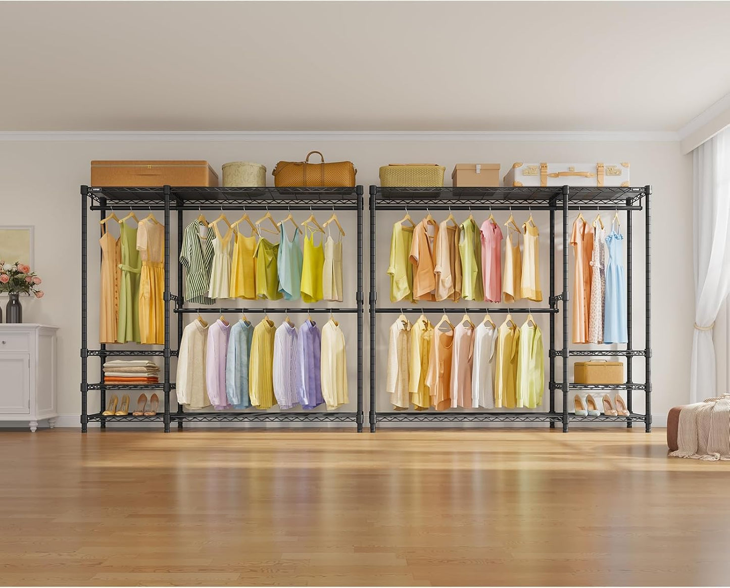 VIPEK V2 Plus Heavy Duty Clothes Rack, Portable Metal Clothing Racks with 4 Tiers Adjustable Wire Shelving & 3 Hanging Rods, Freestanding Closet Rack, Max Load 886LBS, Black