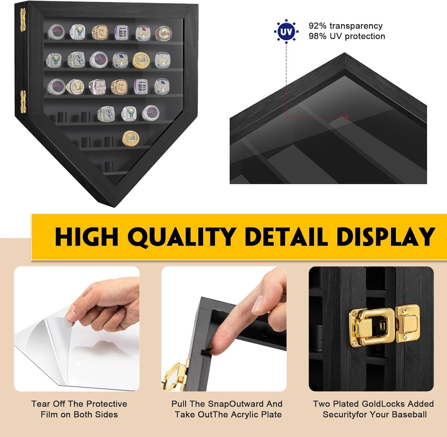 Championship Ring Display Case, 27 Ring Posts Sports Ring Display Case Wooden Shadow Box for Baseball Basketball Football Softball Award Rings Fan Souvenirs