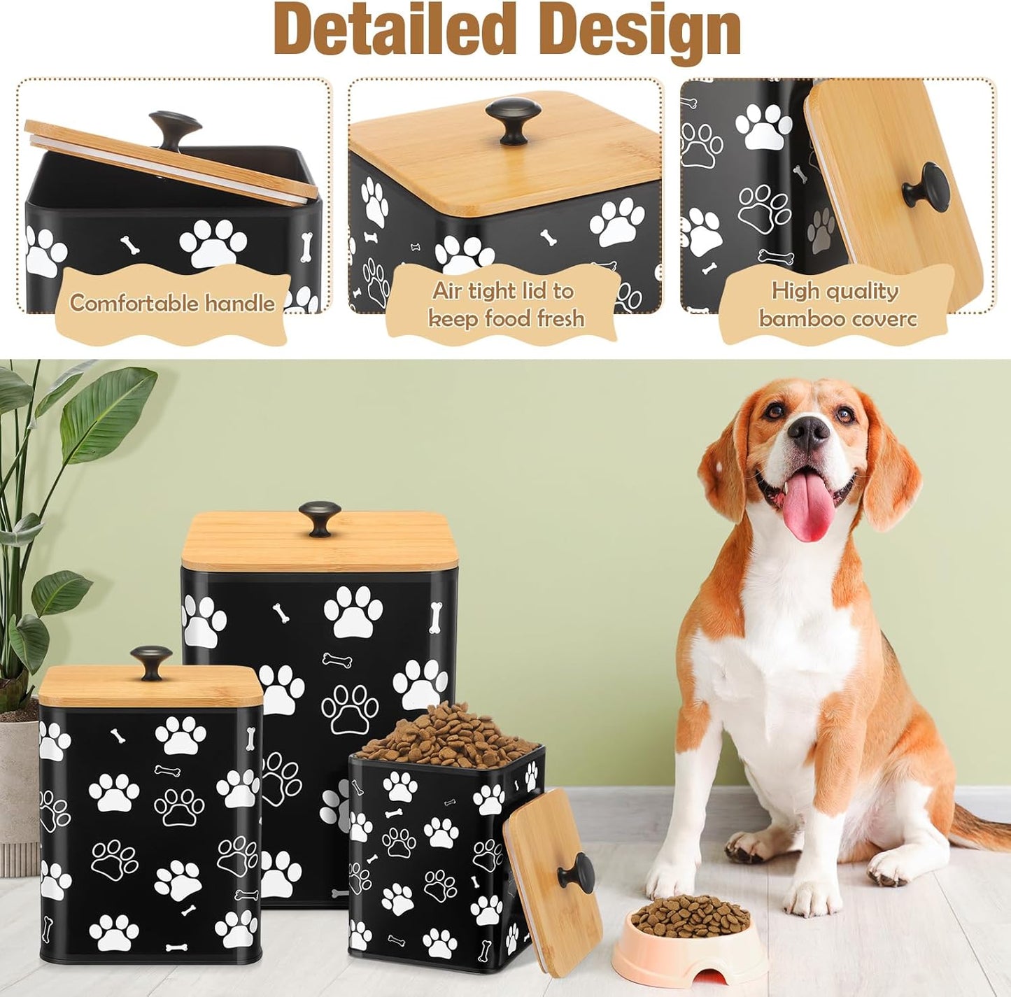 Airtight Dog Food Containers with Bamboo Lids, Metal Dog Treat Jars Canisters for Kibble, Biscuits, Snacks, Cookies, Pet Food Storage Set for Kitchen Counter Christmas Gift(Black)