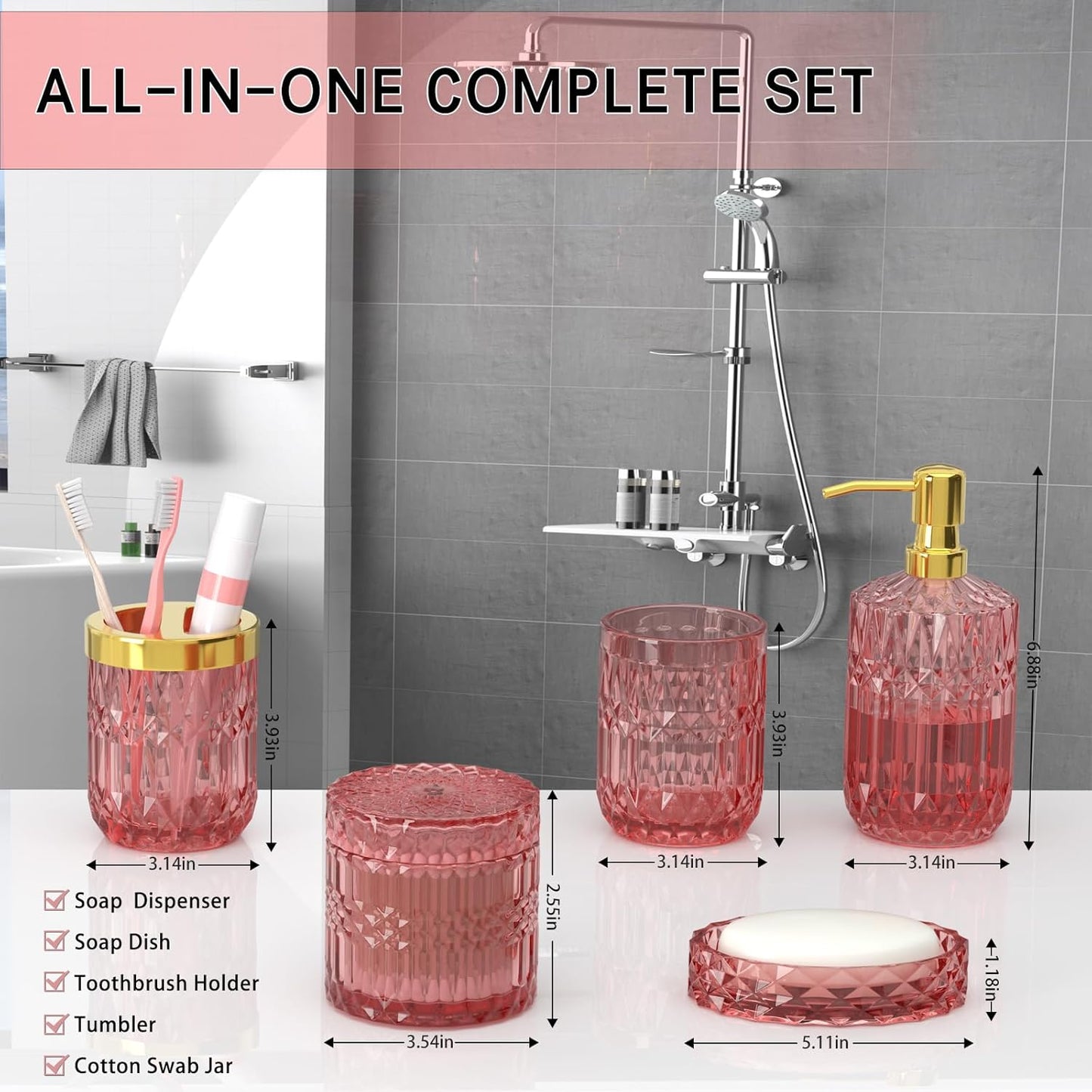 New Pink Bathroom Accessories Set, 5 Pcs Clear Glass Bathroom Accessories Sets with Lotion Soap Dispenser, Soap Dish, Toothbrush Holder, Bathroom Tumbler, Cotton Swab Jars, Perfect for Bathroom Decor
