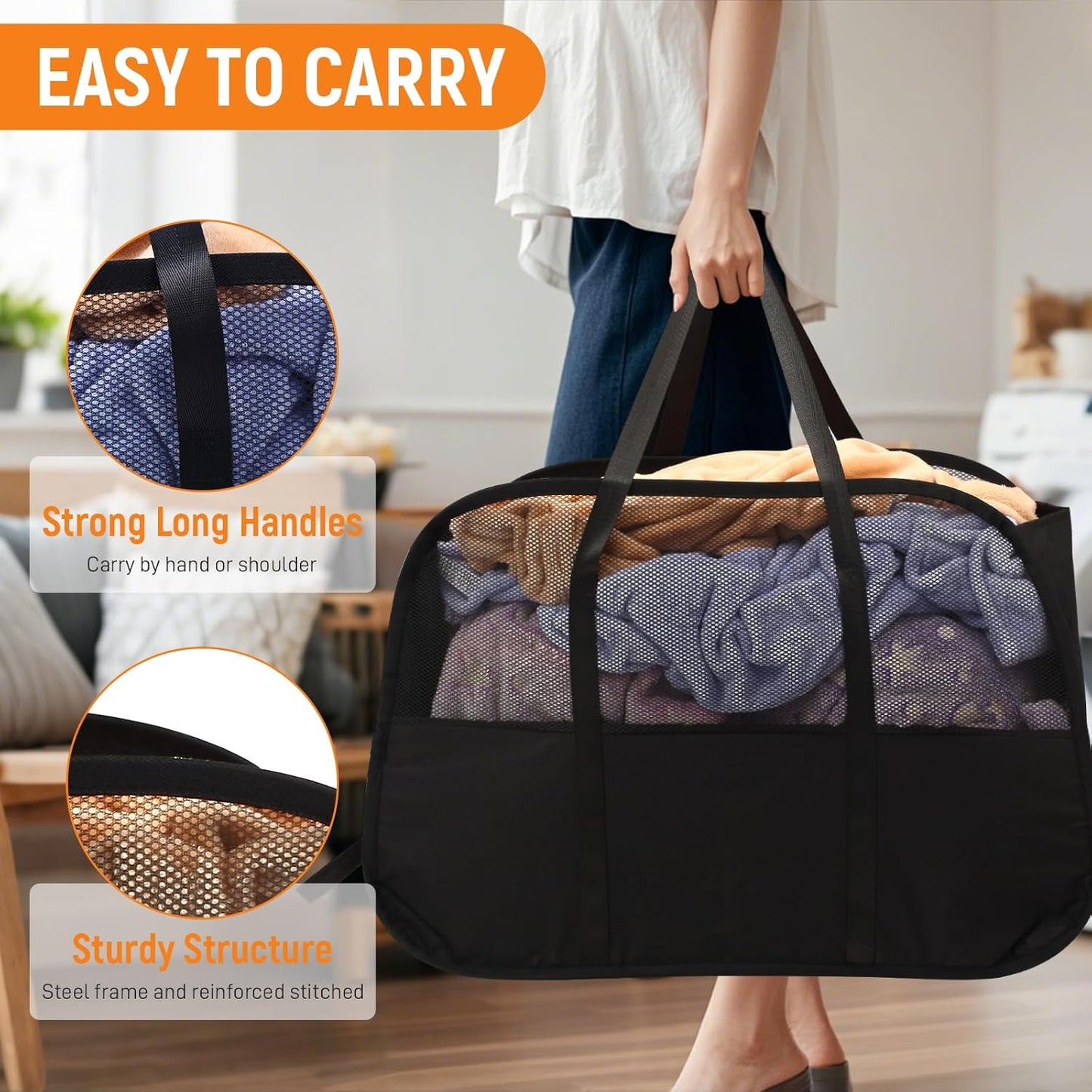 Collapsible Laundry Baskets with Easy Carry Handles, 95L Clothes Hamper for Storage, Foldable Laundry Basket Tear-proof, Large Pop Up Hampers for Laundry, Bedroom, Bathroom, Dorm Black