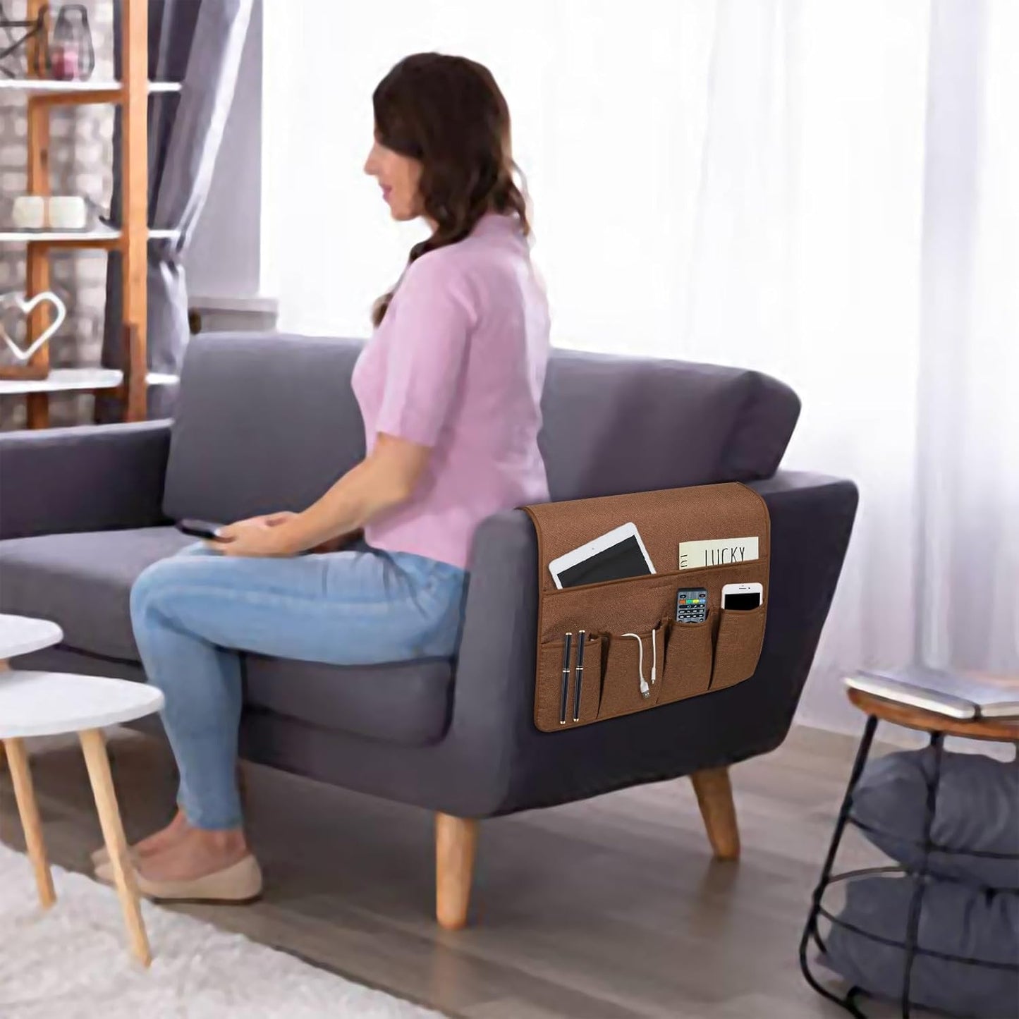 NB Sofa Armrest Organize remote holder bedside caddy organizer with 5 pockets，non-slip couch remote control holder couch armchair caddy accessories (Brown, 35''x18'')