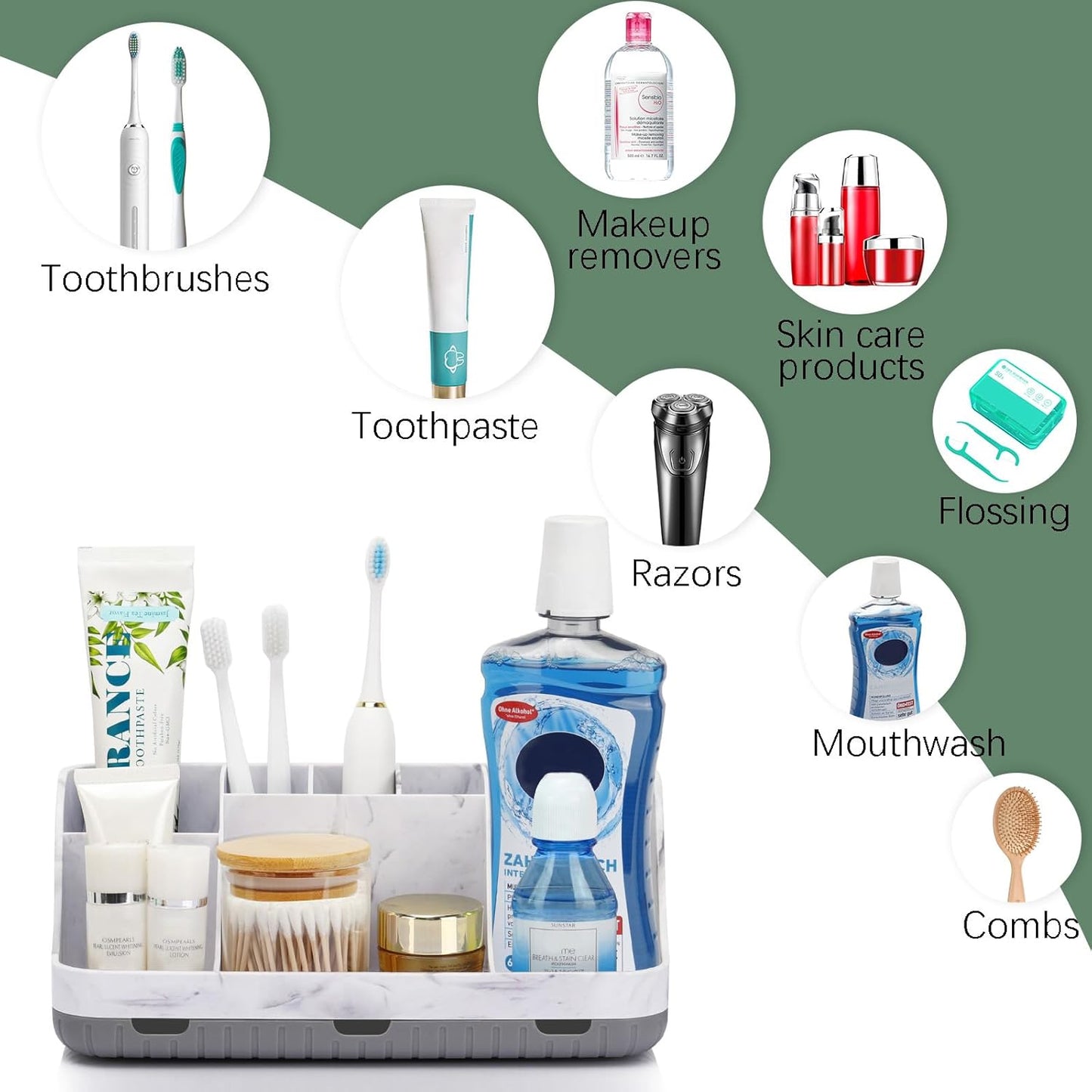 Marble Bathroom Countertop Organizer - Detachable 7 Slots Kids Electric Toothbrush and Toothpaste Holde Drainage for Bathroom Accessories Organization Counter Vanity Storage, Grey