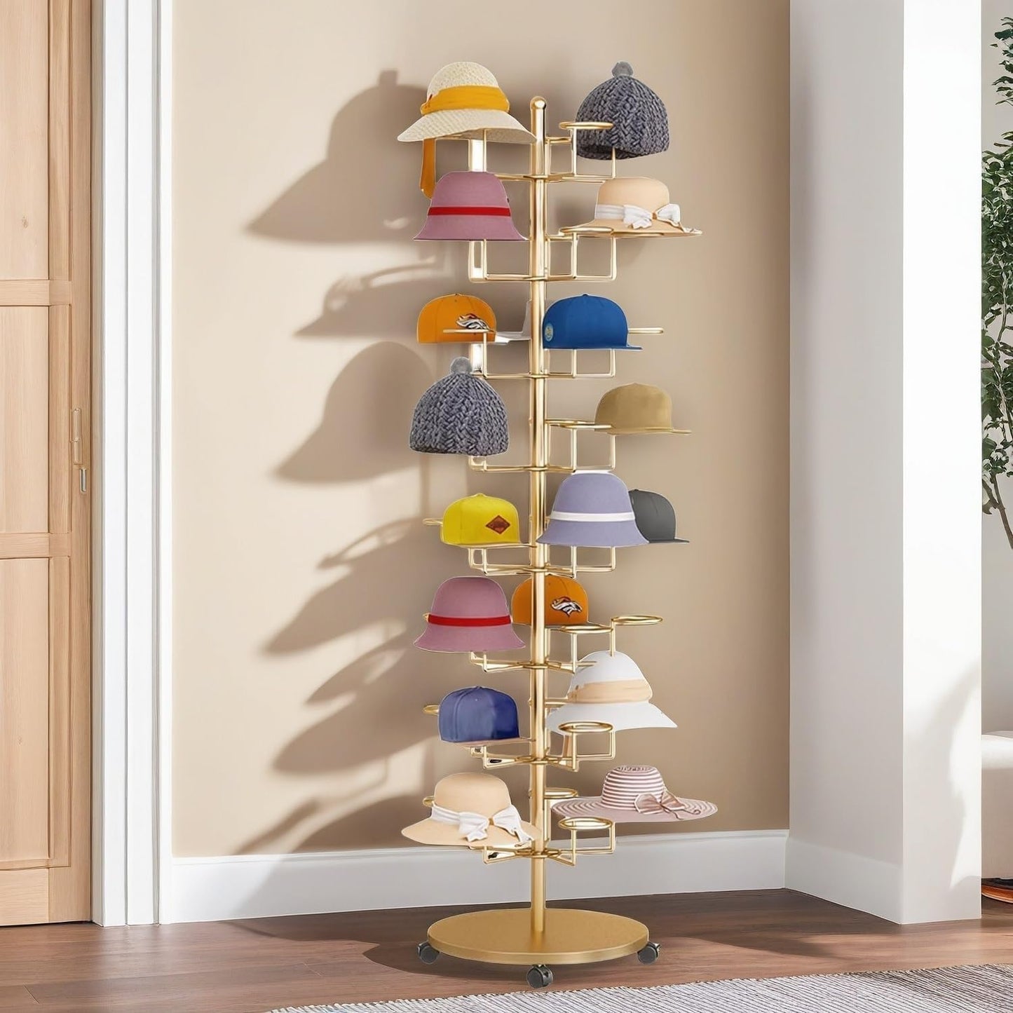 Hat Rack Stand 40-Hooks, Hat Display Stand Metal,Hat Display for Stores， Home or Store of Standing hat Rack(Gold,8th Floor)
