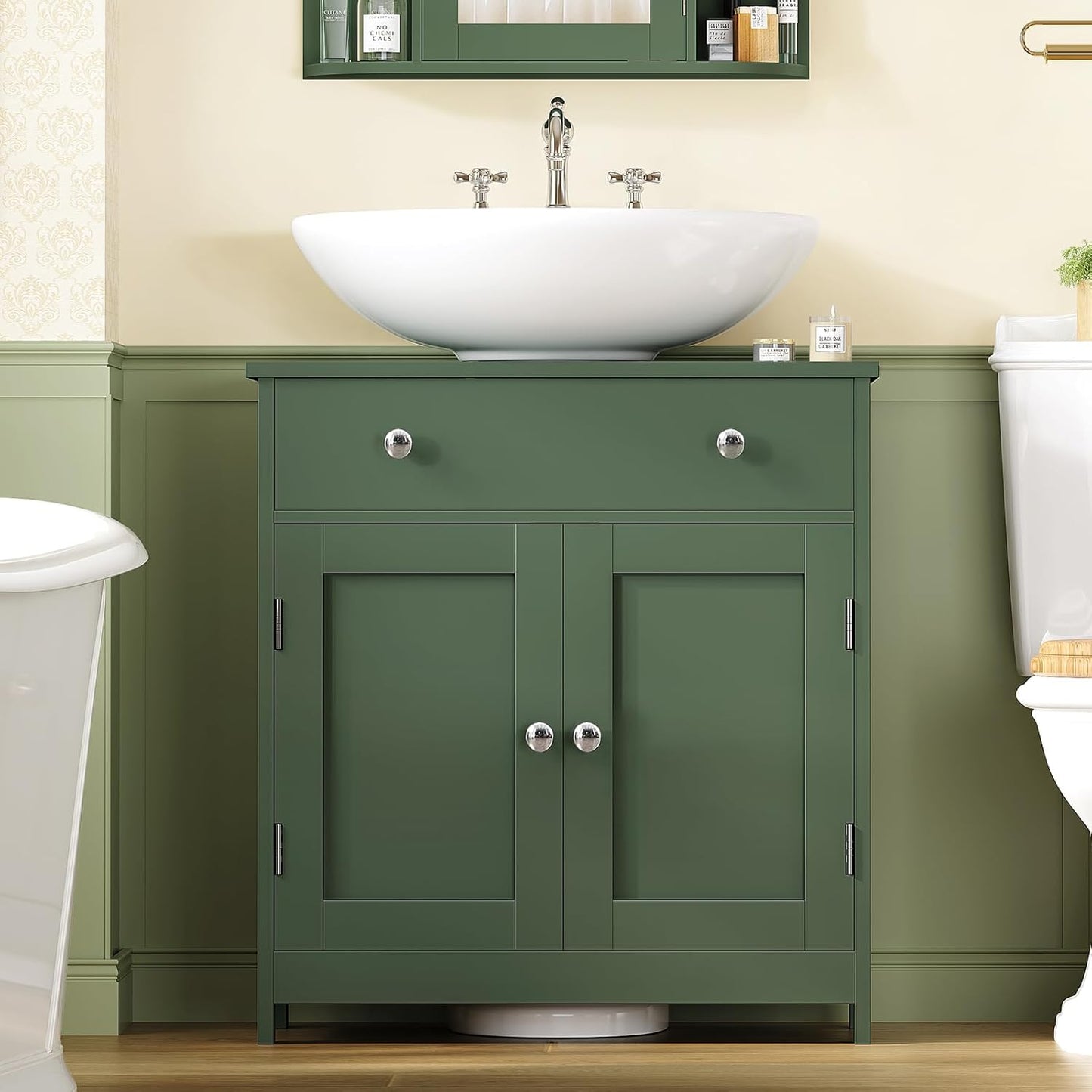 TEENFON Pedestal Sink Storage Cabinet with 2 Doors and Drawer, Bathroom Sink Cabinet, Under Sink Storage with U-Shape Cut-Out, Green UNYSG033V