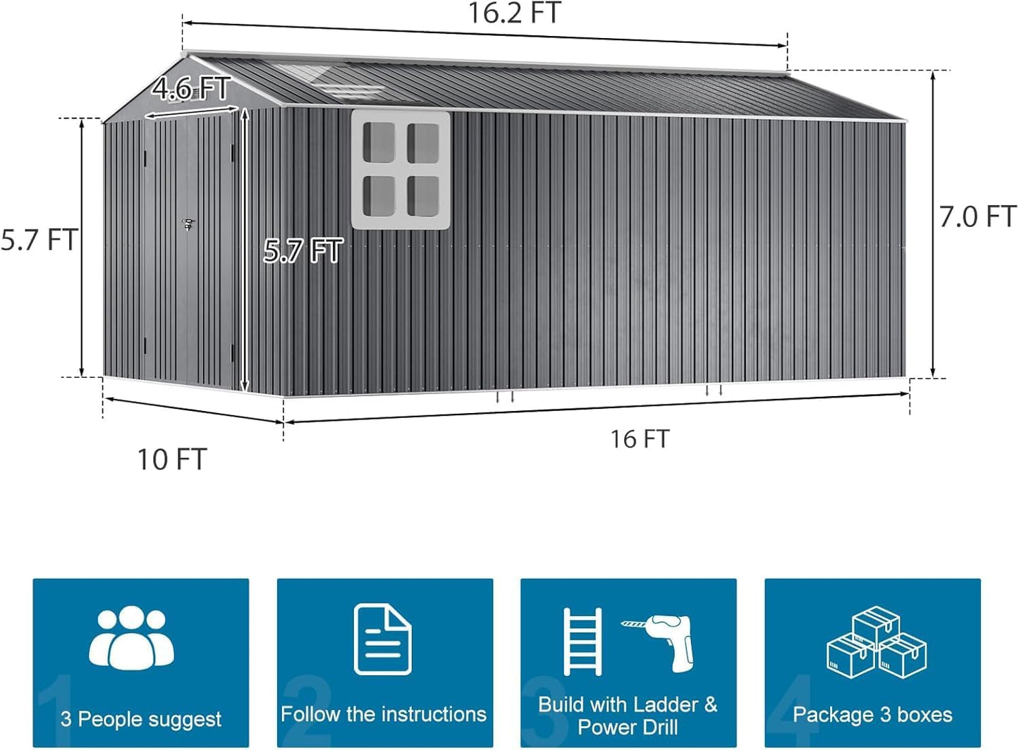 Restland 10x16 FT Outdoor Storage Shed Reinforced Frame Metal Shed with Clear Roof, Air Vent & Lockable Door Large Garden Tool Storage Sheds for Backyard, Garden, Lawn