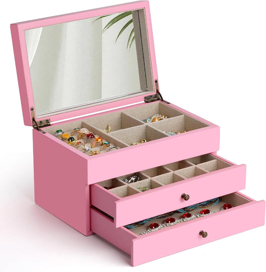 Meangood Jewelry Box Organizer for Women, 3 Layer Large Jewelry Storage Case, Rustic Wooden Jewelry Box with Mirror & Ring Tray for Necklace Earring Bracelets Rings, Vintage Style (Pink)