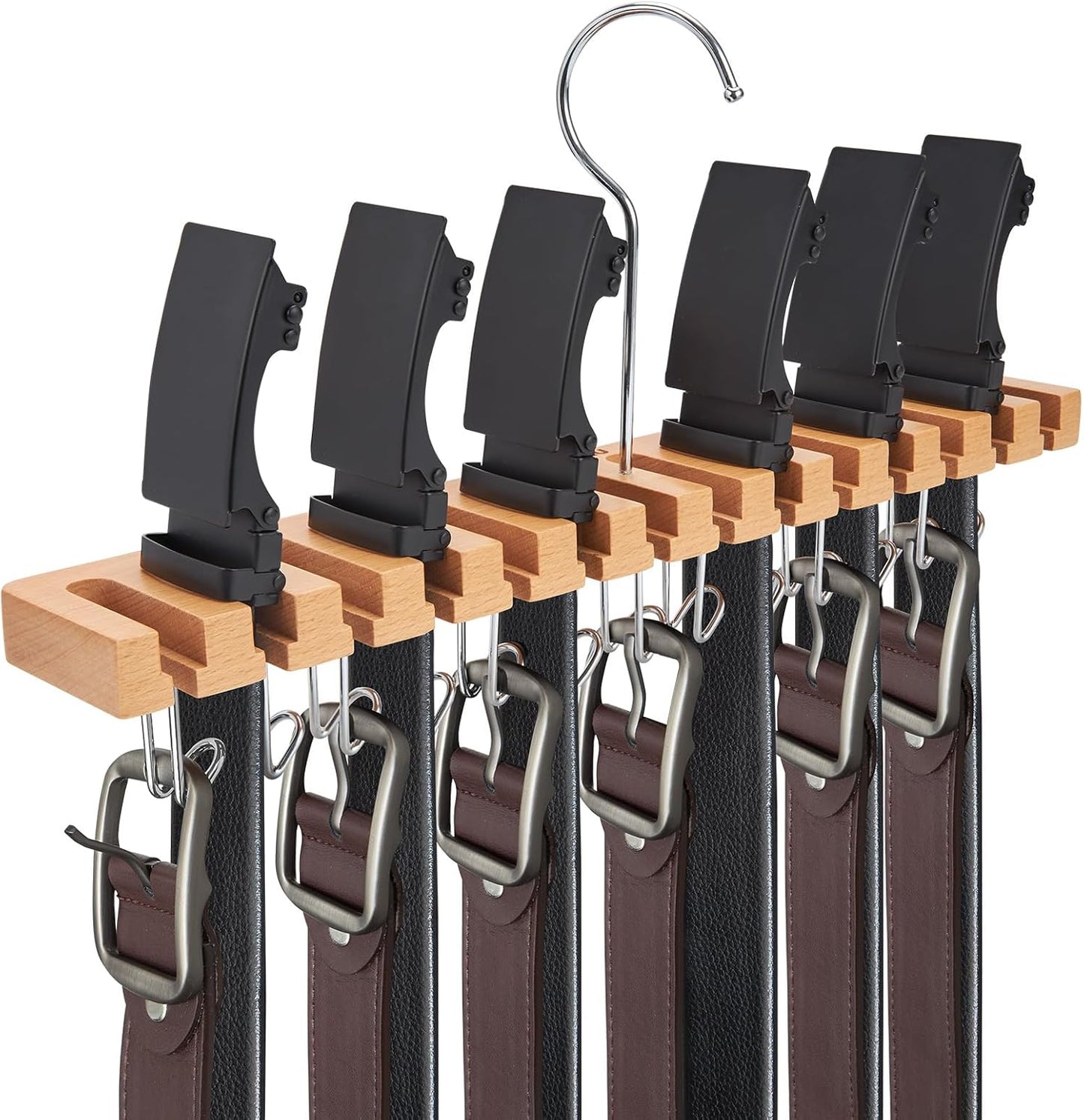 Belt Hanger Organizer for Closet: Ohuhu 2 in 1 Wall Mount Hanger 14 Slots+13 Hooks Storage Wooden Belt Organization 360 Degree Rotating Belt Display Holder for Belt Tie Scarf Accessories