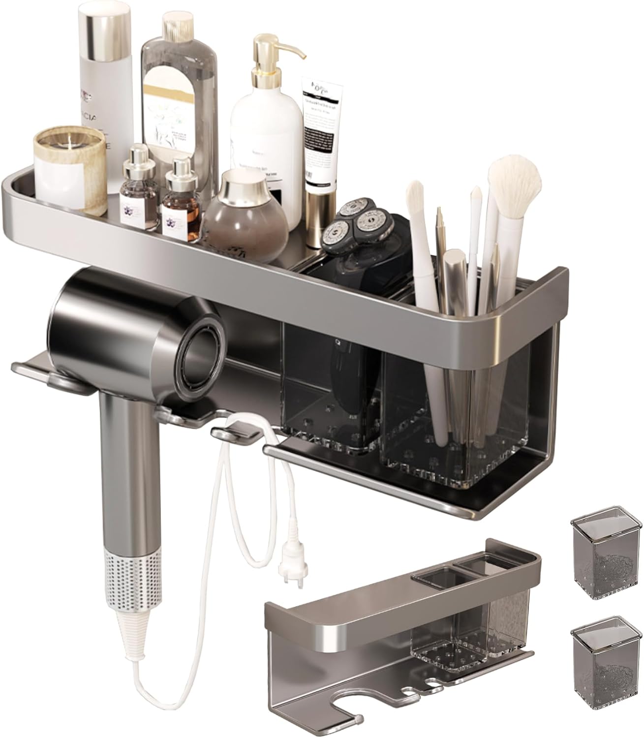 Hair Dryer Holder Wall Mounted,Blow Dryer Organizer,With shelf & individually removable Organizer box, Aluminum Blow Dryer Holder for Bathroom, Salon Organizers & Storage (Matte Grey, large)