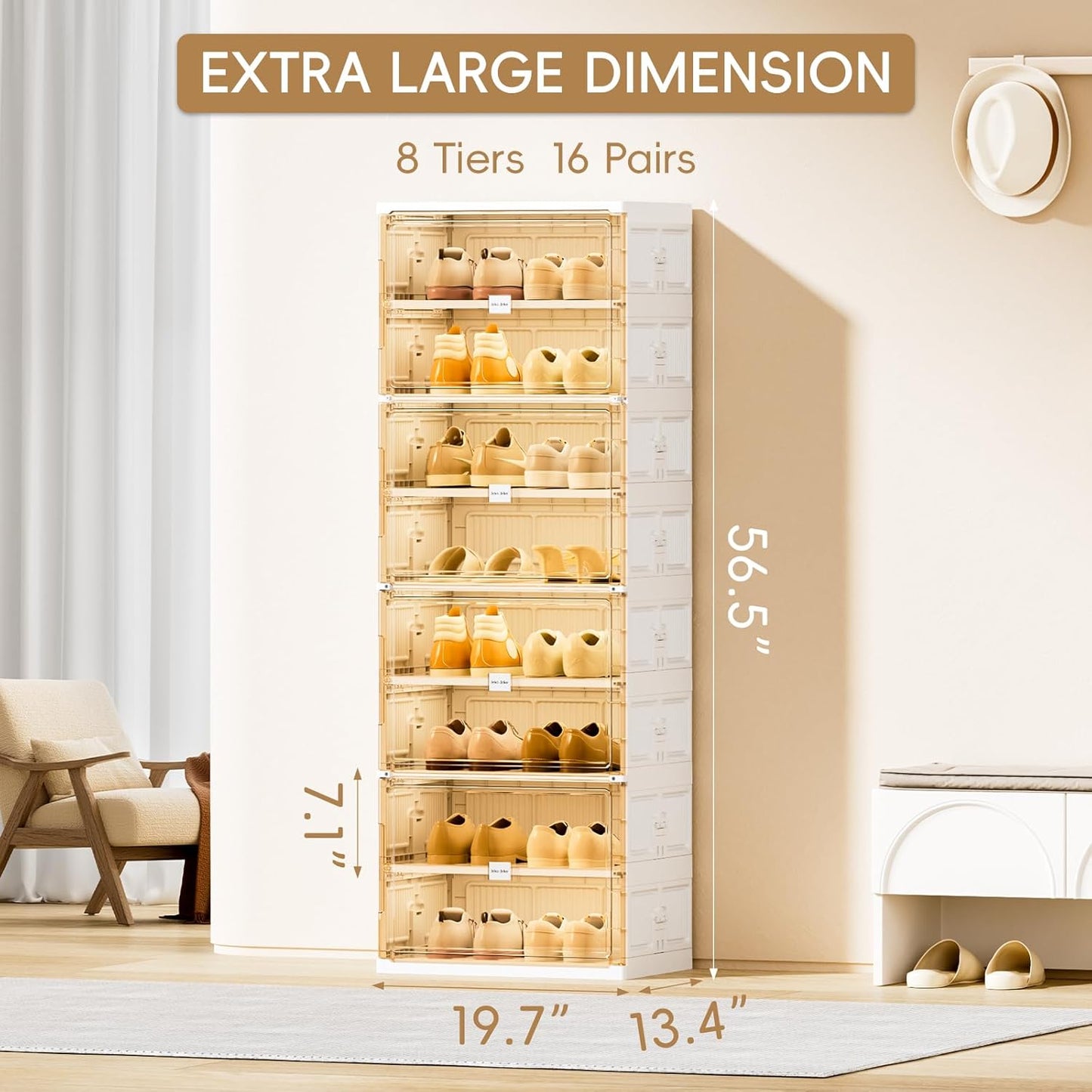 JEKO&JEKO 8 Tiers Foldable Shoe Rack Organizer Cabinet for Closet Entryway, Large Collapsible Shoe Storage Box with Magnetic Doors (White)
