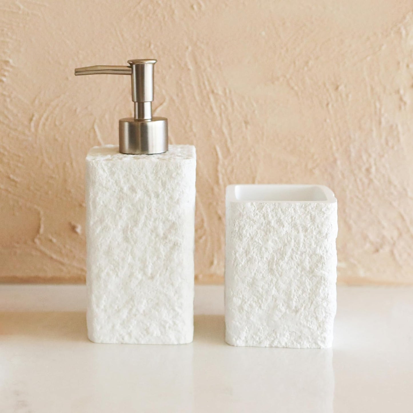 White Stone-Look Toothbrush Holder for Bathroom, Natural Rough Stone Textured, Unbreakable Heavy Bathroom Cup, Vanity Countertop Organizer for Makeup Brushes