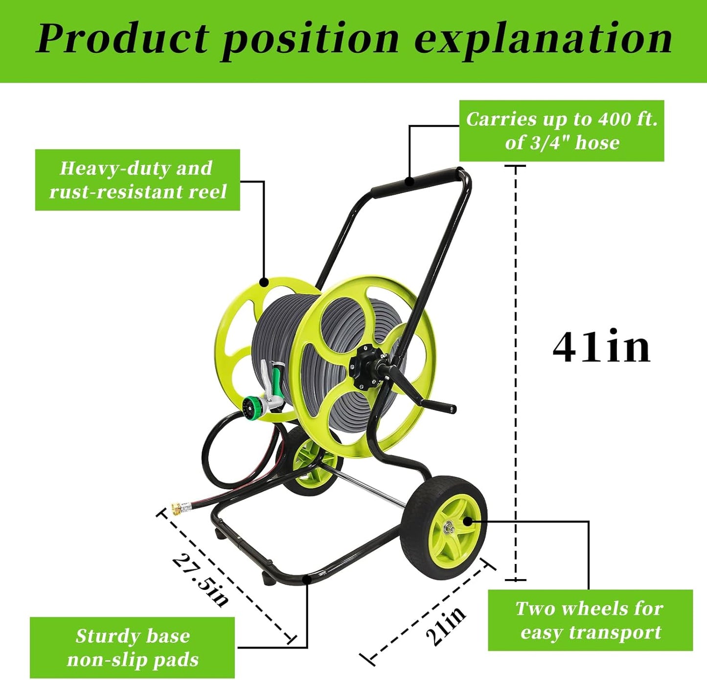 Stainless Steel Garden Hose Reel Cart - Heavy Duty, 10" Rubber Wheels, Holds 400 Feet of 5/8" Hose, For Yard/Lawn (With 5 FT Hose included)