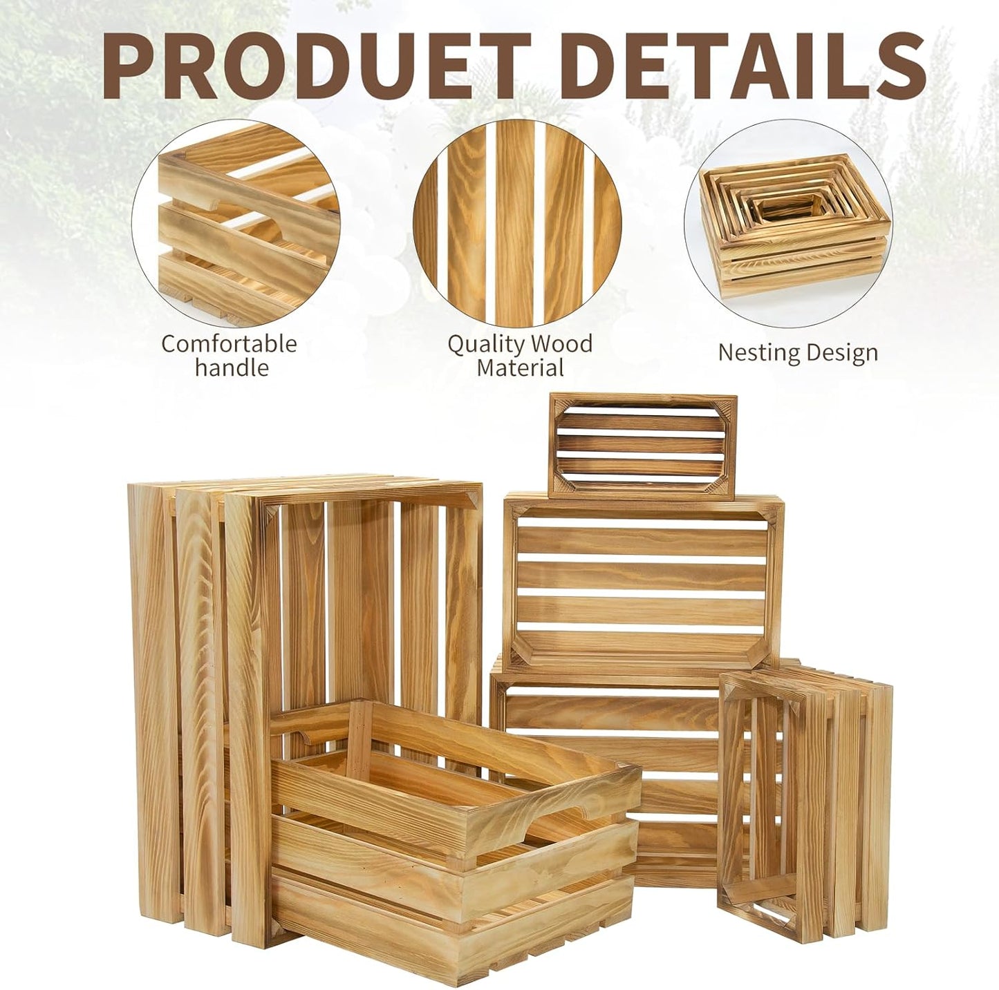Extra Large 6 Pcs Decorative Wood Crates for Display, Farmhouse Wooden Basket for Storage Container and Decorations, Rustic Nesting Crates Decor Boxes with Handle