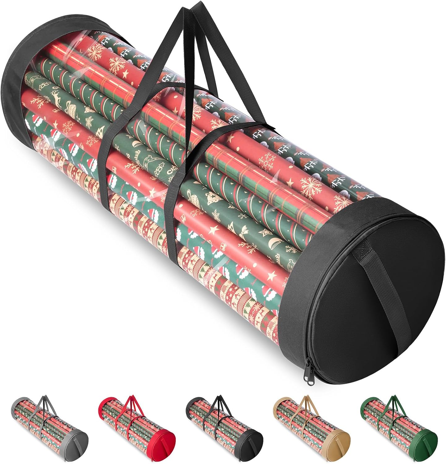 BALEINE Christmas Wrapping Paper Organizer Storage, 41" Gift Wrapping Paper Storage Containers, Clear PVC with Durable 600D Oxford Fabric Gift Wrap Paper Holder Fits 18-25 Rolls, Black