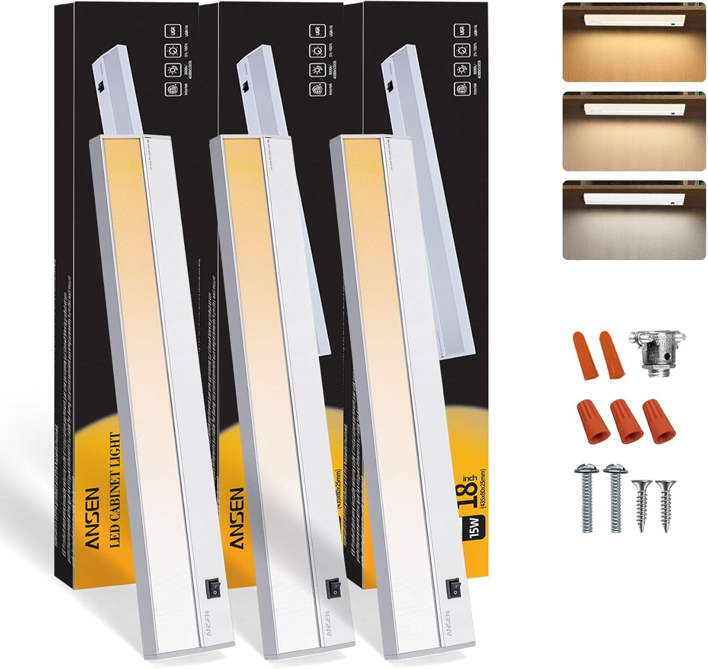 Ansen 3Packs of Under Cabinet Lights for Kitchen, 18in 15W 998LM, Dimmable Hardwire Led Light for Closet, CRI>92, R9>90, 3 Color Temperature, 3000K/4000K/5000K(Warm White, Cool White, Daylight)