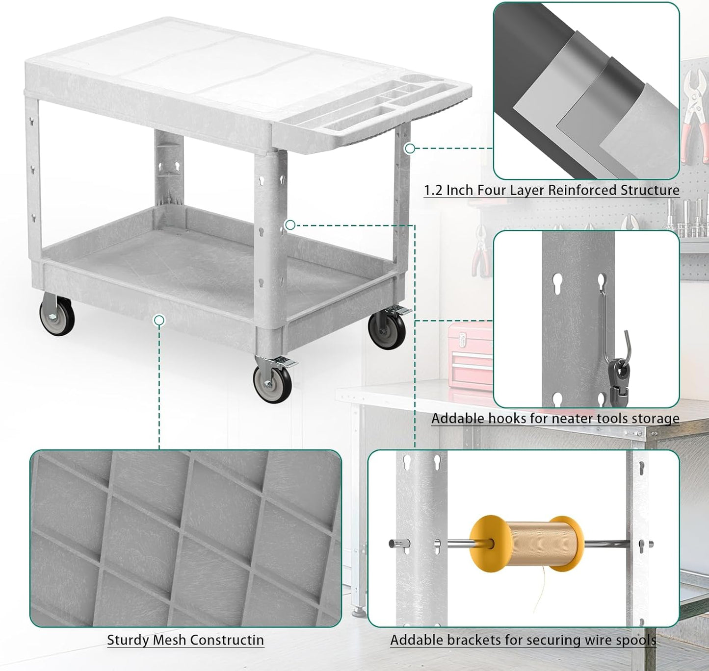 Heavy Duty Utility Rolling Tool Cart, 1000 lbs Capacity Flat Top Plastic Rolling Carts with 360°Swivel Wheels, 46 x 25 Inch Service Cart, 2 Shelf Work Cart for Warehouse,Garage, Cleaning. Grey