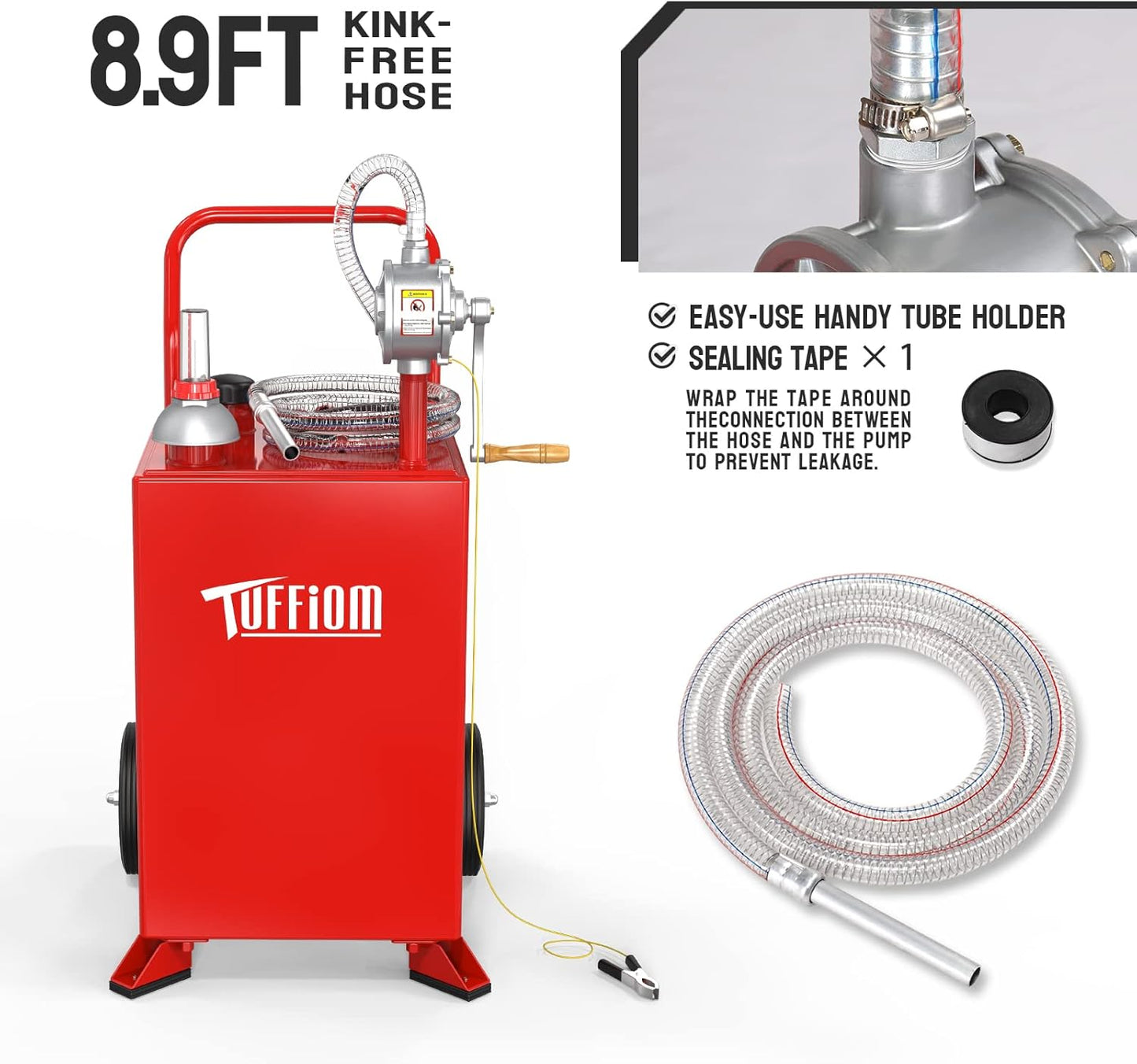 TUFFIOM 20 Gallon Fuel Gas Caddy w/Wheels & Manual Siphon Pump, Portable Diesel Fuel Transfer Storage Tank w/8.9ft Hose, Gasoline Can Container for ATV Car Mowers Tractor Boat Motorcycle