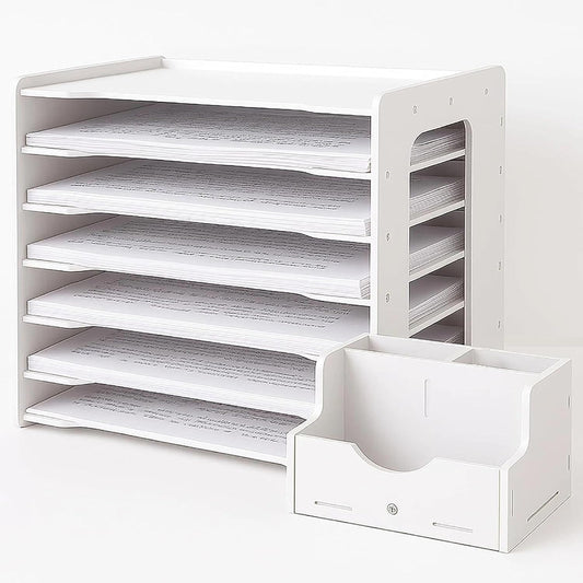 Extra Large A3 Paper Storage Unit, 11x17 Paper Organizer, Tiered Stationery Storage Rack PVC with 7 Compartments, Desk Organizer for Office and School Supplies