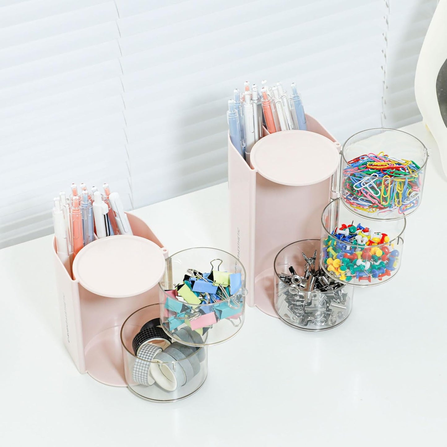 FABROK 2-Layer Clear Hair Accessories Organizer with Hair Brushes Holder, Rotatable Small Jewelry Box for Necklaces、Earring, Desktop Organizer Case for Hair Accessories, Cotton Swab(Pink)
