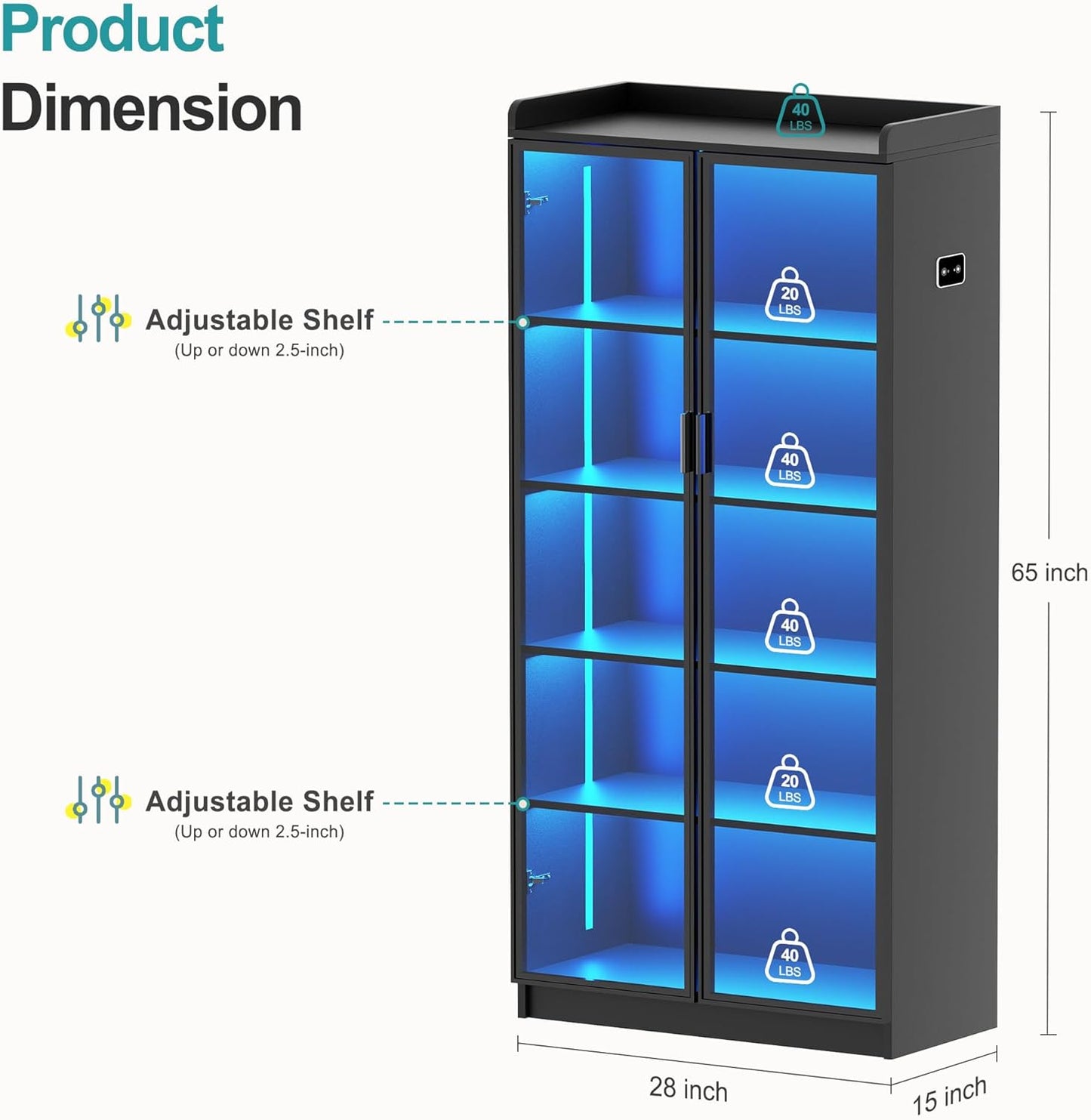 Lvifur 5 Tier Display Cabinet for Living Room, LED Bookcase with Human Body Induction Lights, 65” Tall Curio Cabinets with Adjustable Shelves for Office (Black)
