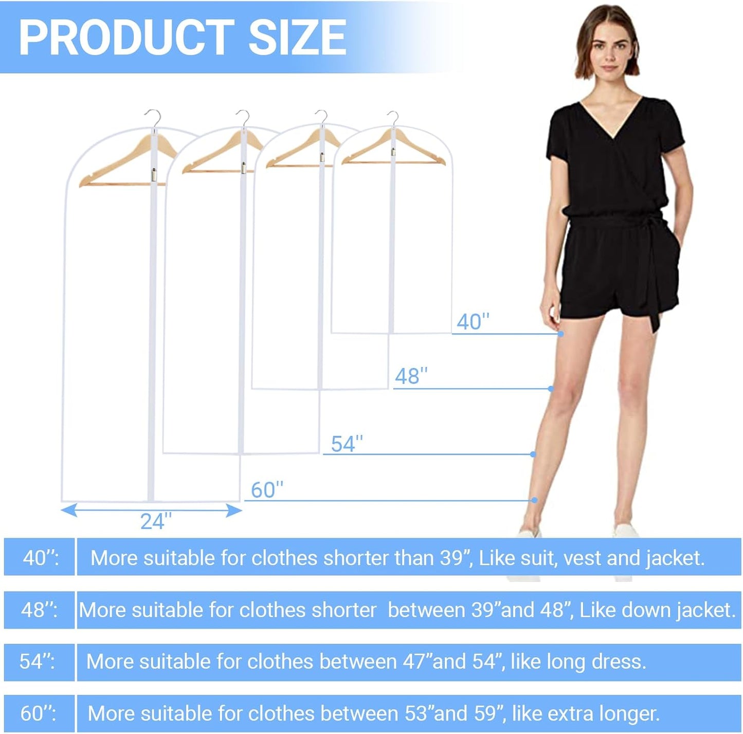 Garment Bags for Hanging Clothes 24'' x 55'' (Set of 12) Coat Covers for Closet Foldable Washable Dress Bags for Hanging Clothes for Long Dress Dance Costumes Suits Gowns Coats
