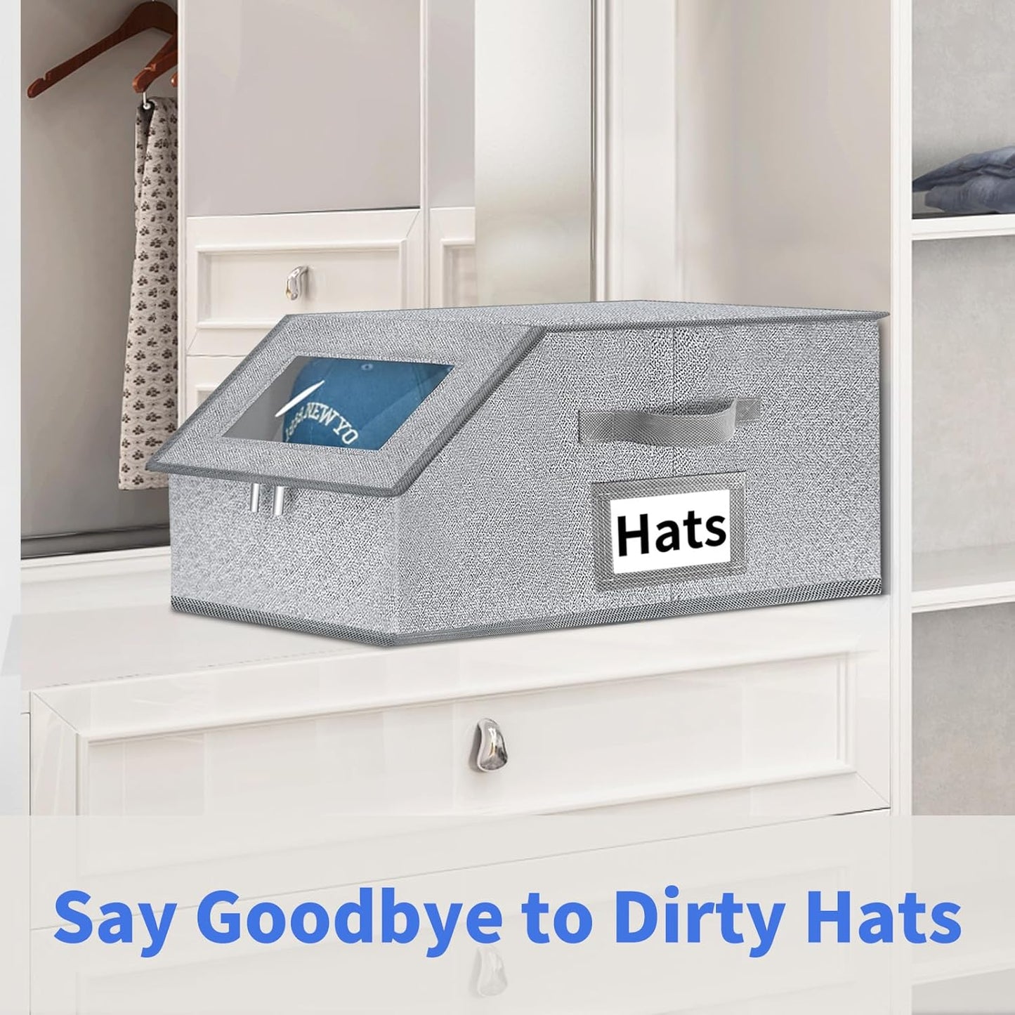Aokeyee Hat Organizer for Baseball Caps - 2PCS Stackable Storage with Clear Window Lid, Flip-Top Access, Space-Saving Hat Box for Closet, Breathable Fabric (Grey)
