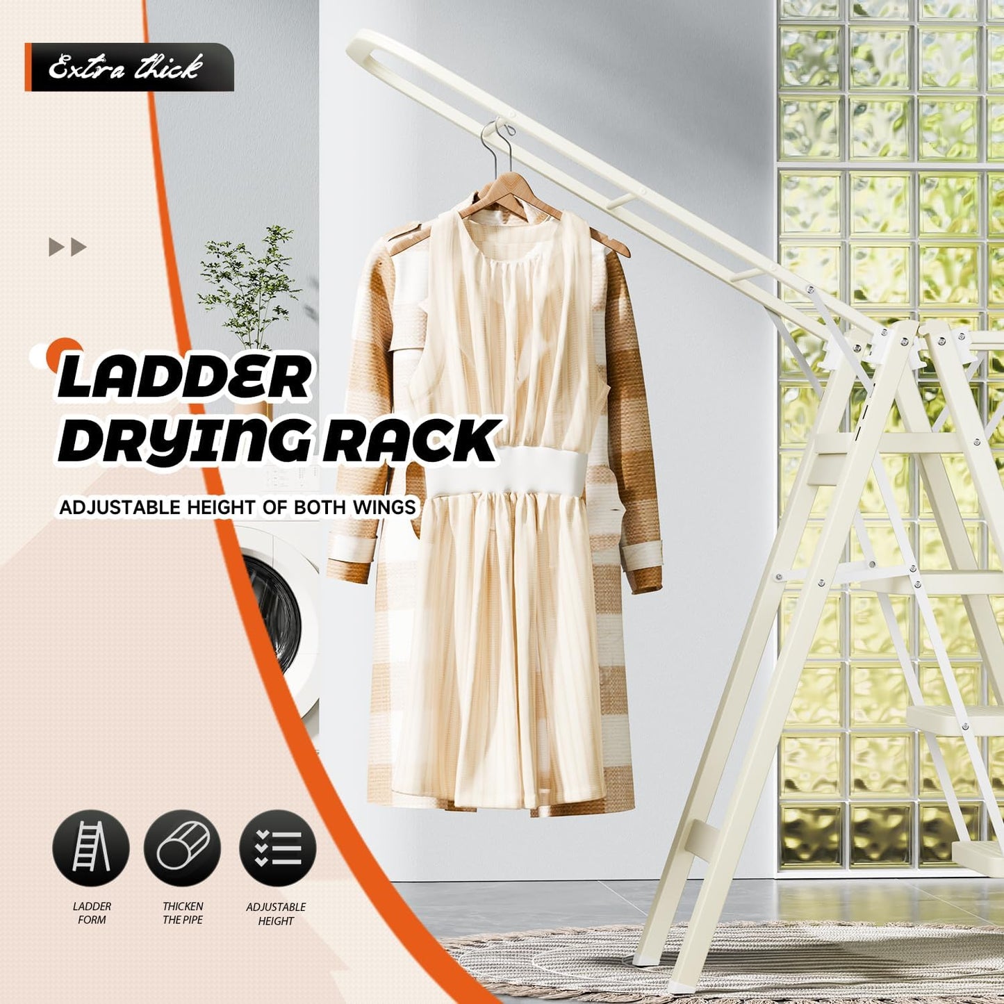 Multi-Functional 5 Step Ladder Used as Clothes Drying Rack,Sturdy Carbon Steel Ladder,Widened Pedal,Foldable & Portable Clothes Drying Rack, Space-Saving Design Indoor&Outdoor Drying (White)