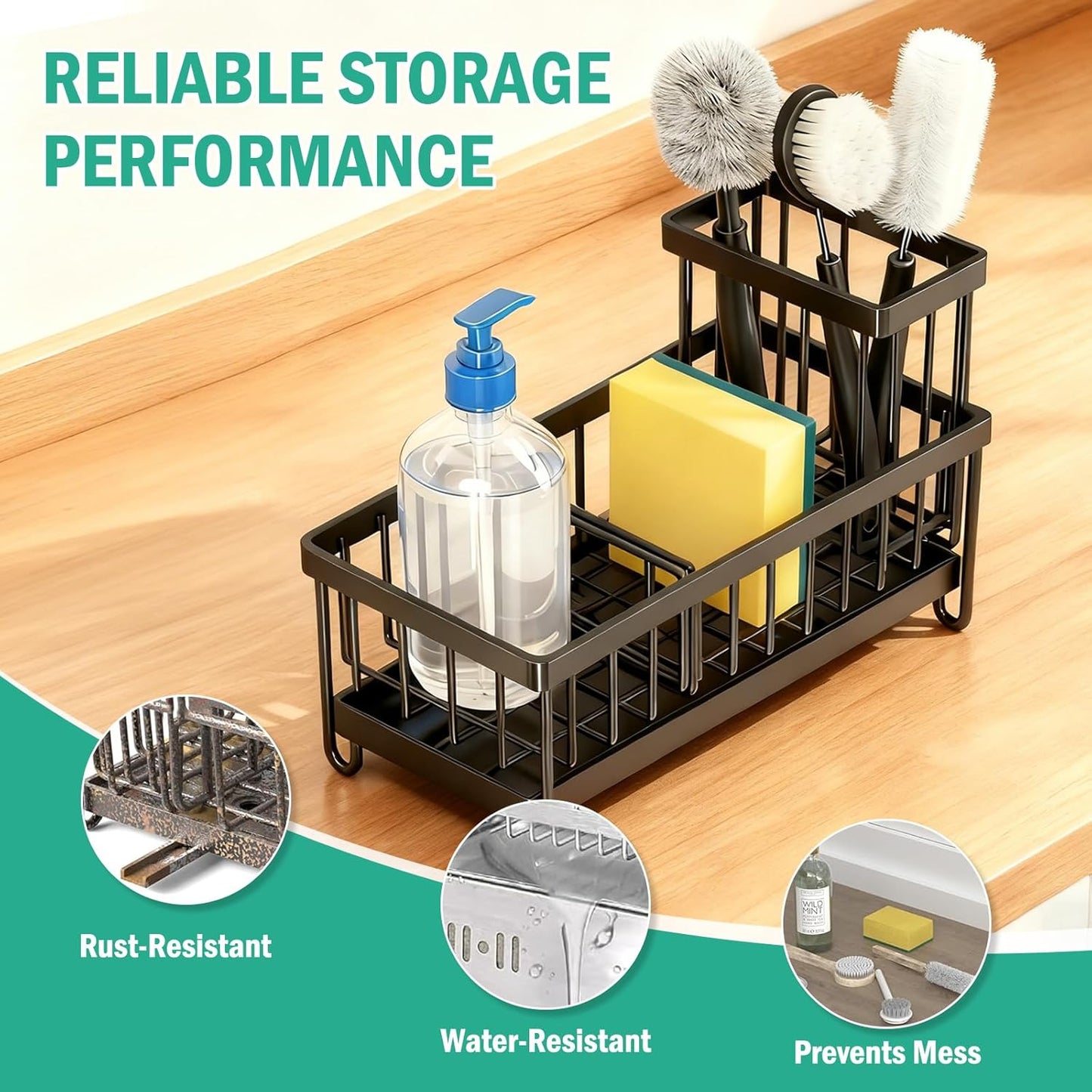 Sponge Holder for Kitchen Sink: 4 Pack Sink Caddy Organizer Complete with High Brush Holder & Auto Drain Tray, Stainless Steel Countertop Storage for Soap Dispenser & Dish Brush, Fast Local Shipping