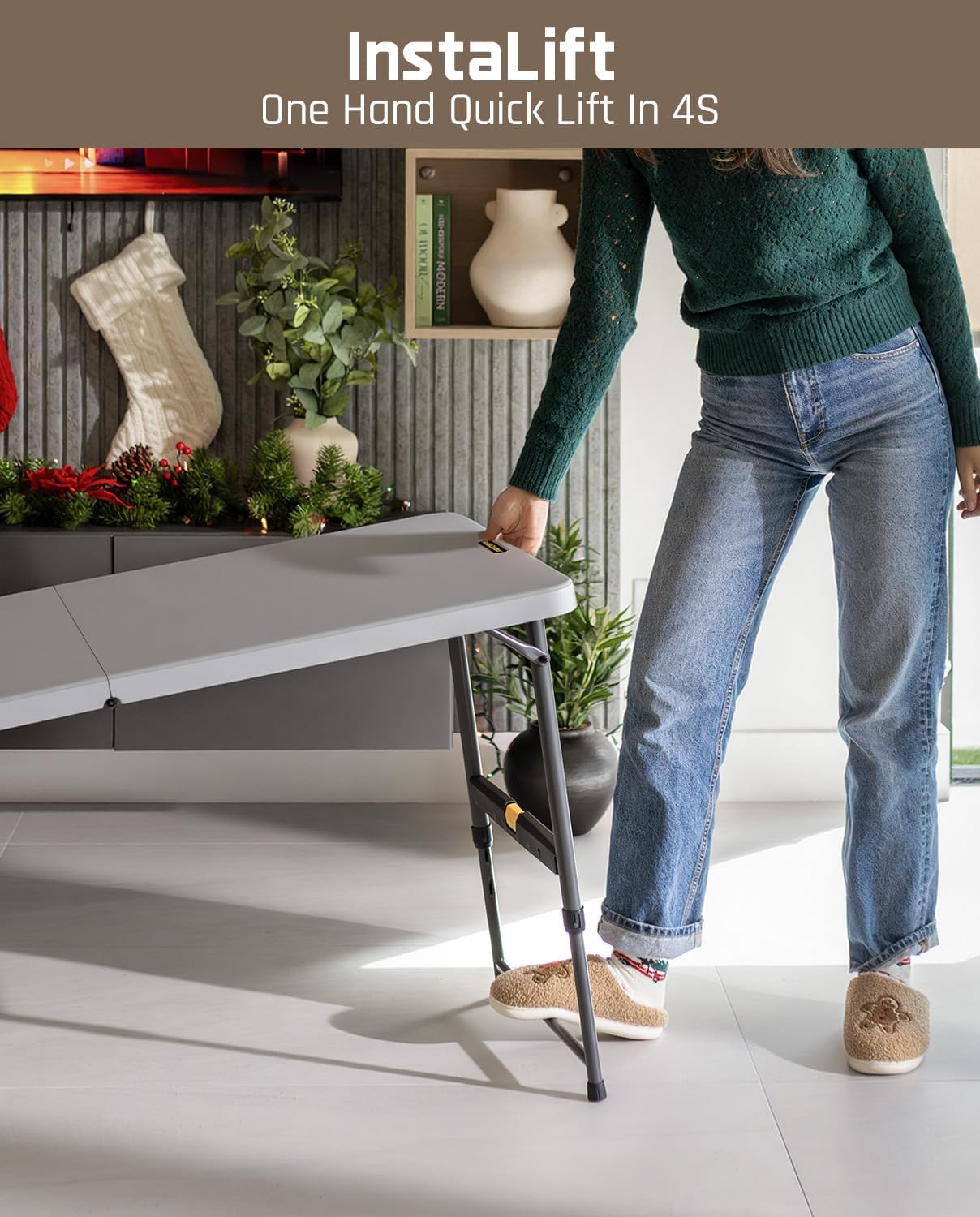 FanttikOutdoor 4ft Portable Folding Table, One-Handed Height Adjustment, 4 Heights, Gravity Lock, Carry Handle, Indoor Outdoor Heavy Duty Fold-in-Half Utility Table, Party, 1 Pack, Grey Zeta X4 Pro