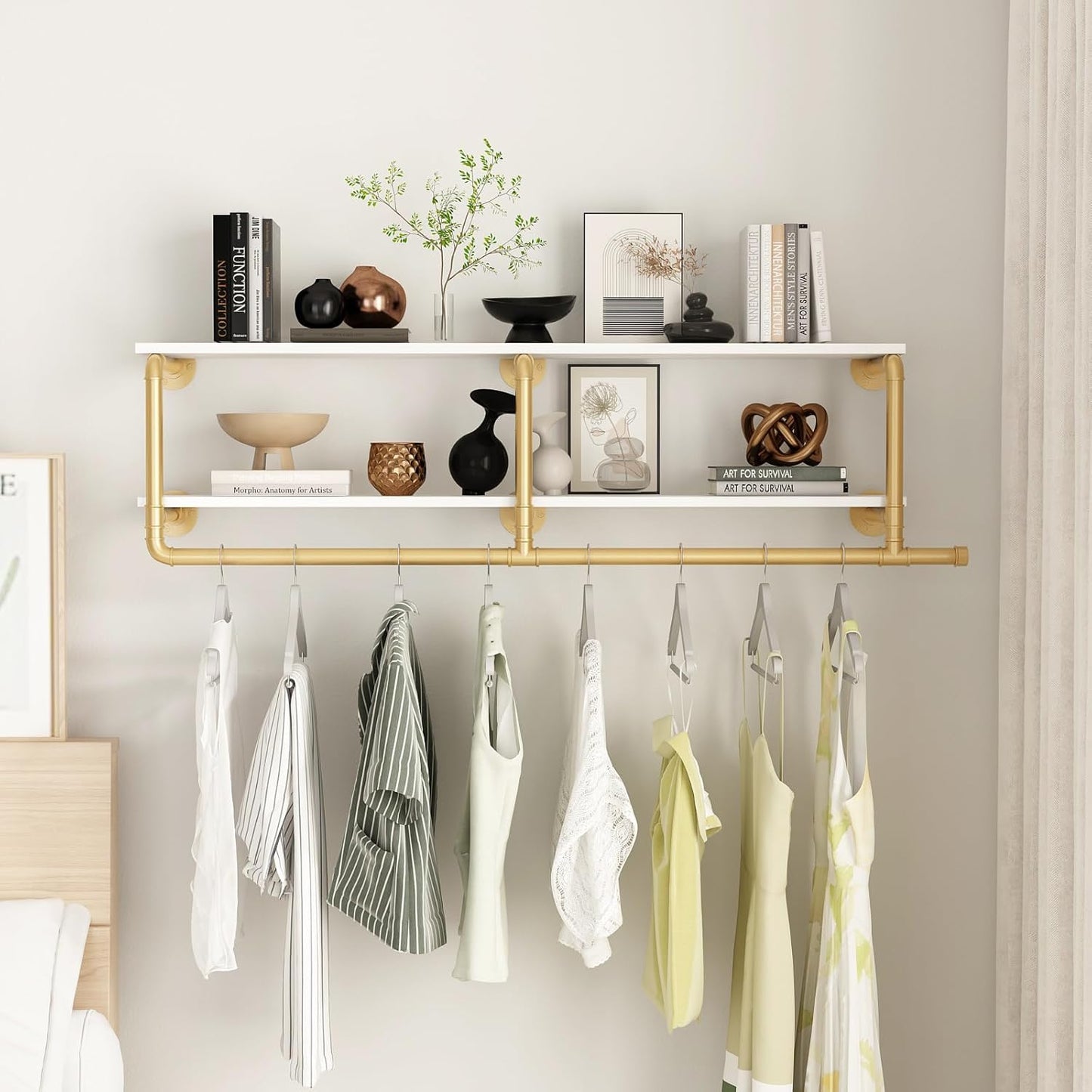 ORSENIGO Industrial Pipe Clothing Rack with Shelves, Gold Wall Mounted Clothes Rack Heavy Duty Display Garment Rack for Home Retail