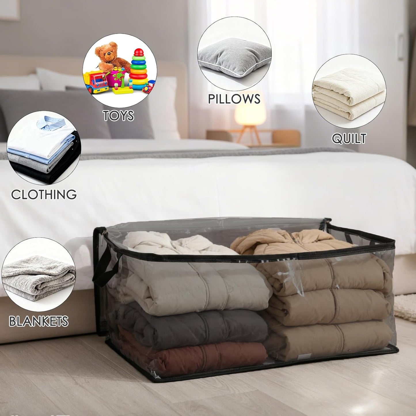 Fixwal 80L Large Storage Bags 4 Pack Clothes Storage Bins Foldable Thick Blanket Storage Closet Organizers Storage Containers with Reinforced Handle for Clothing, Blanket, Comforters(Black, PVC)